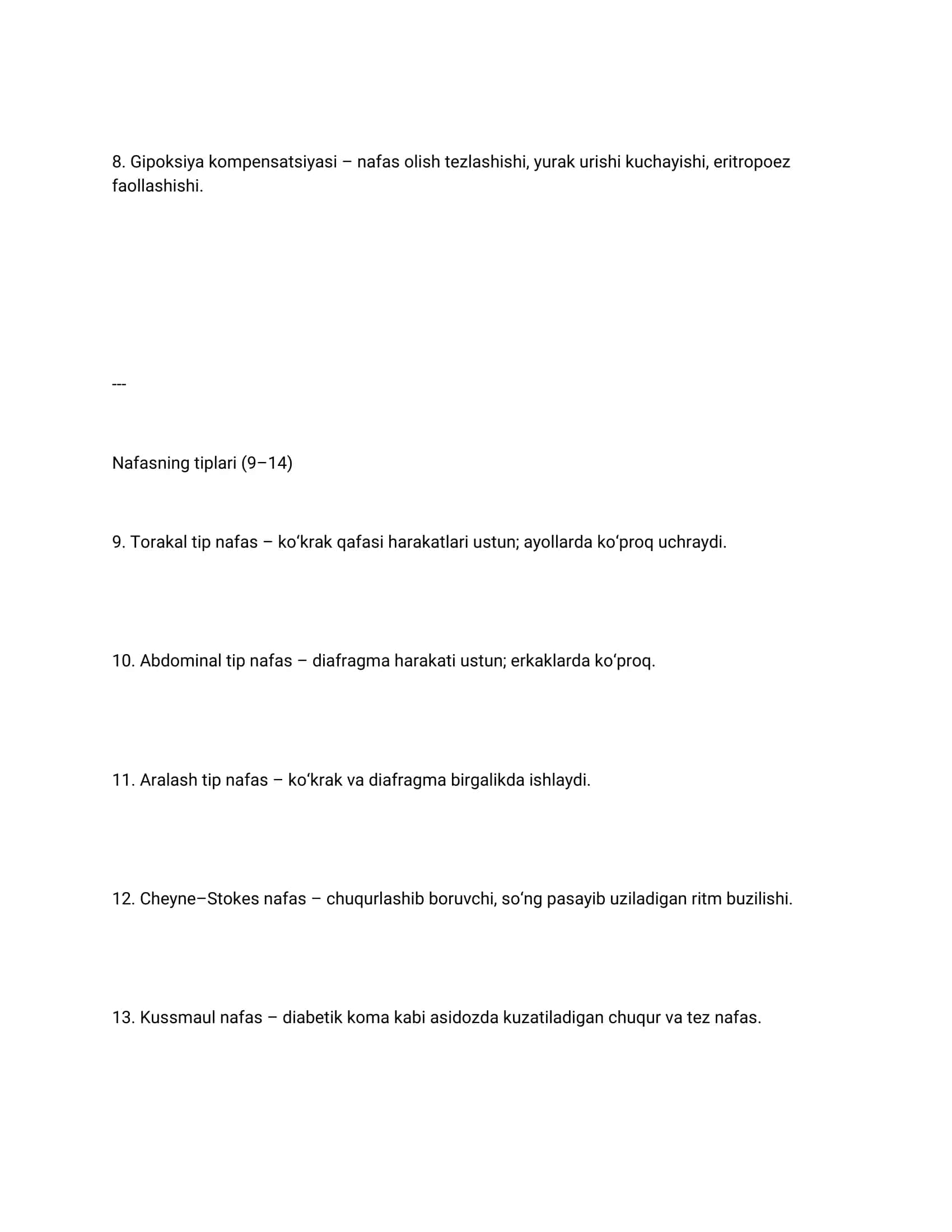 Gipoksiya Turlari, Nafasning Tiplari va Sun’iy Nafas – 20 ta Tezis 2