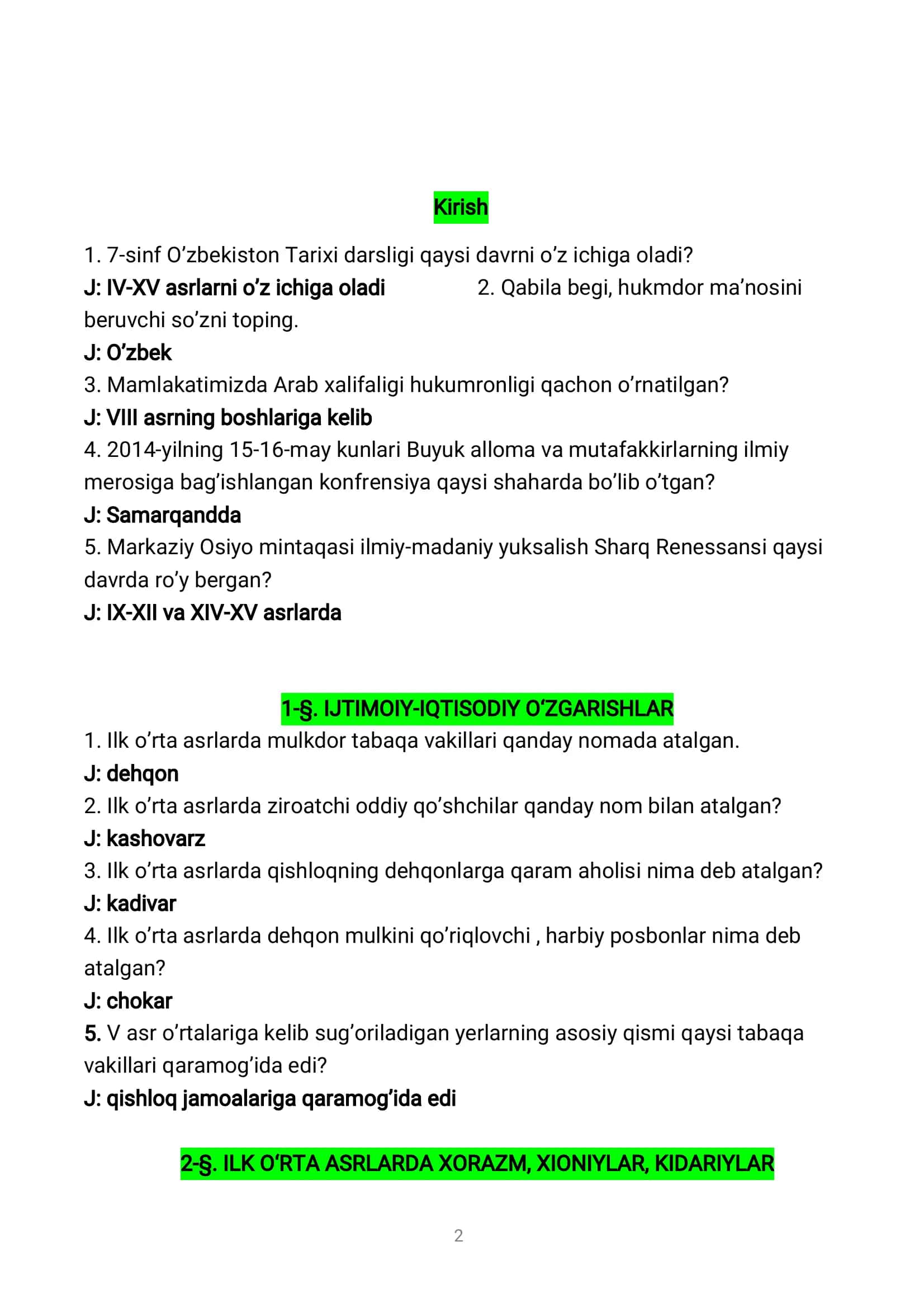 O’zbekiston Tarixi SAVOL-JAVOBLAR TO’PLAMI 2