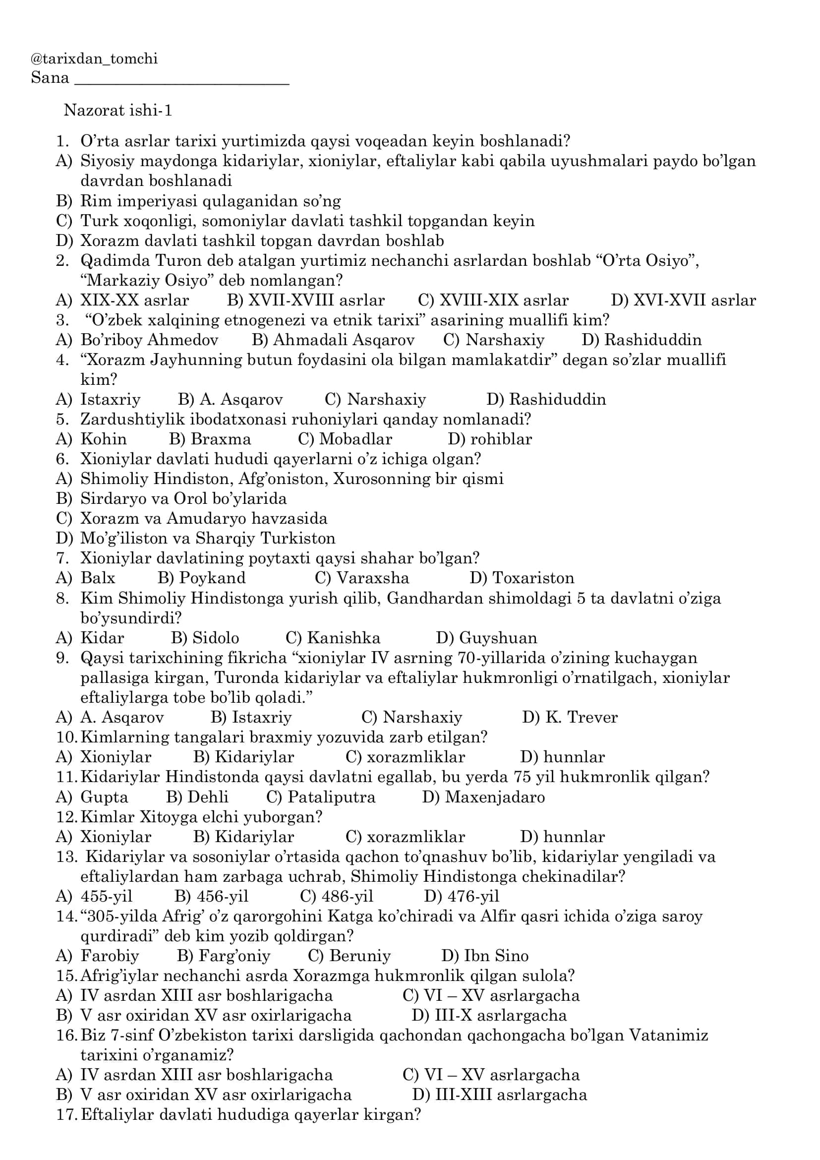 O'zbekiston tarixi fanidan nazorat ishi 2