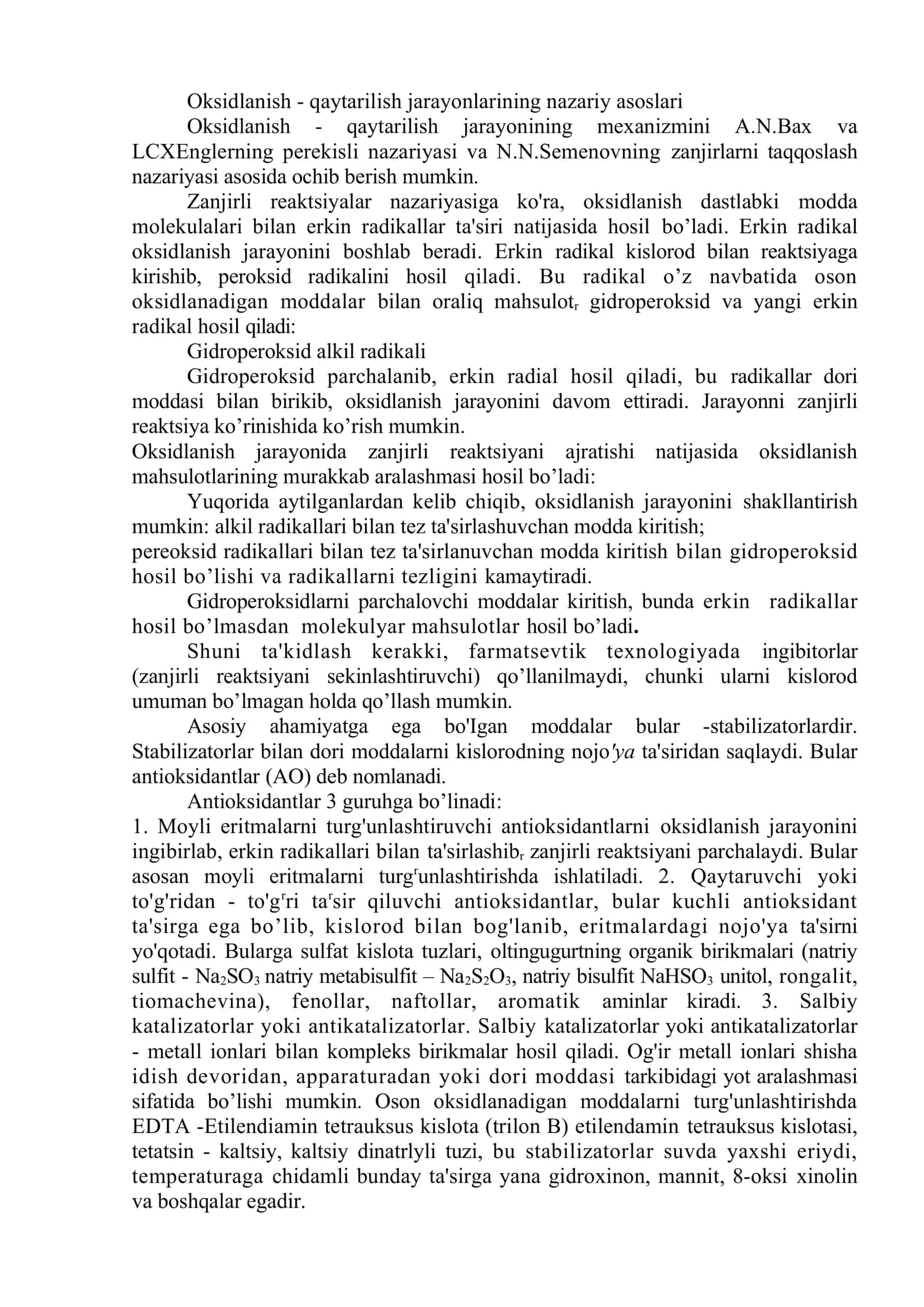 Oksidlanish qaytarish nazariyasi. fizikaviy usulda turg'unlashtirish, kompleksonlar yordamida turg'unlashtirish 2