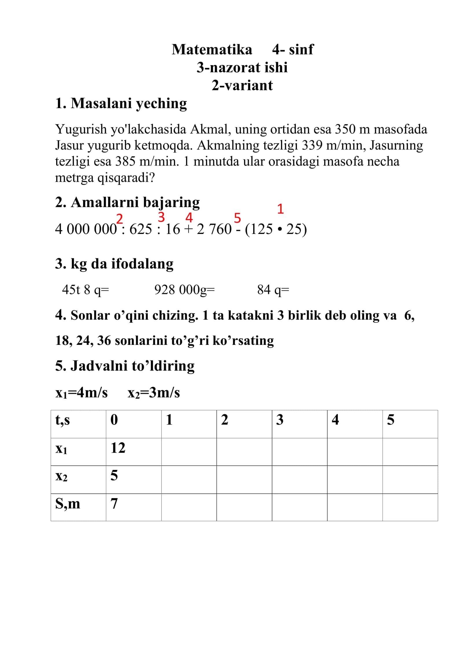 Matematika 4- sinf 3-nazorat ishi 2