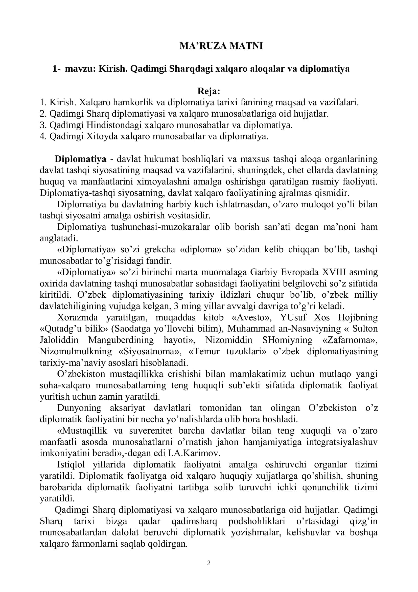 Xalqaro munosabatlar va diplomatiya tarixi 2