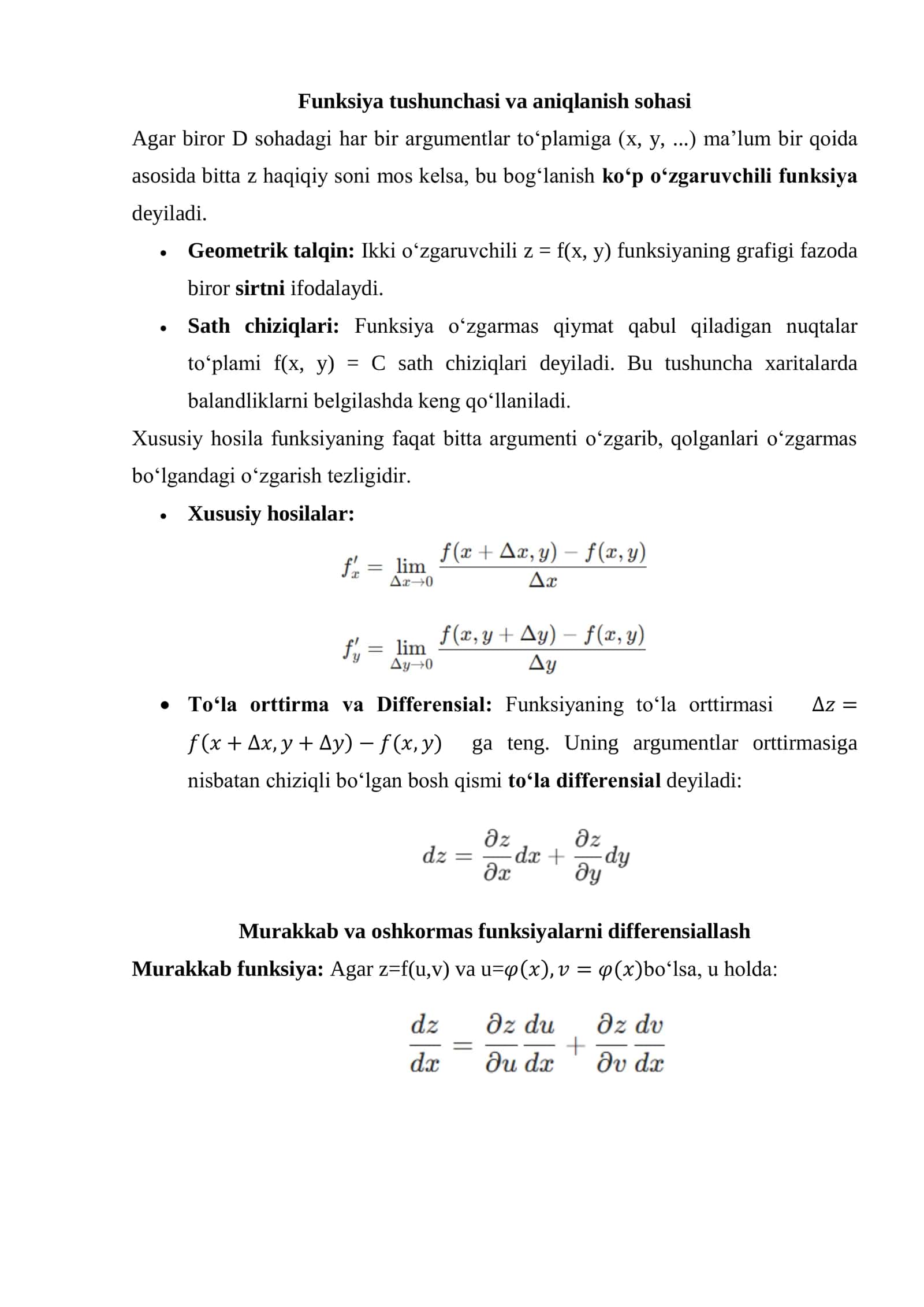 Ko‘p o‘zgaruvchili funksiya. Xususiy hosilalar, to‘la differensial 2