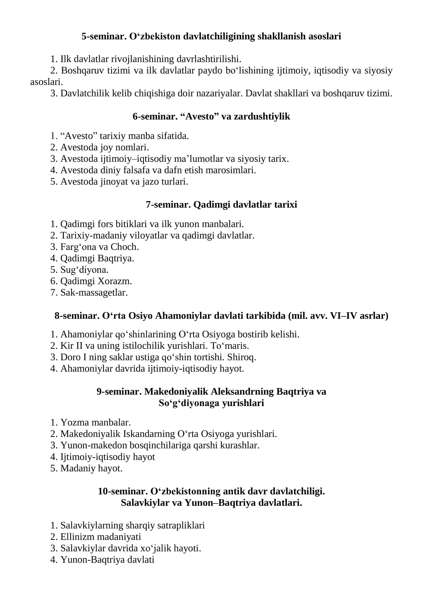 O‘zbekiston tarixi fanidan 1-bosqich talabalari uchun SEMINAR SAVOLLARI 2