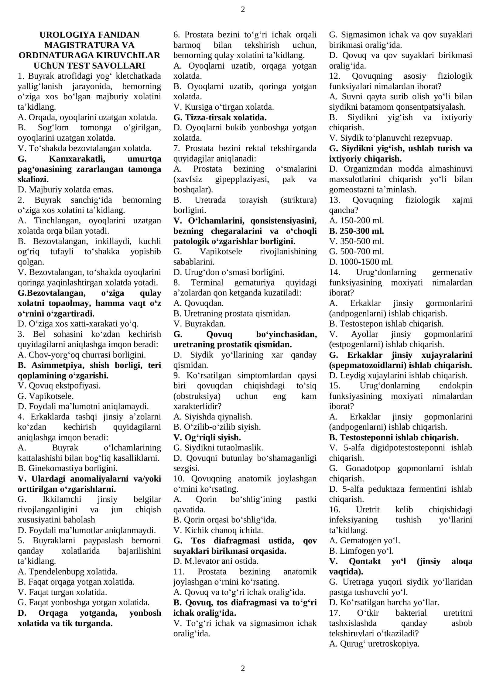 UROLOGIYA FANIDAN MAGISTRATURA VA ORDINATURAGA KIRUVChILAR UChUN TEST  2026 YIL 2