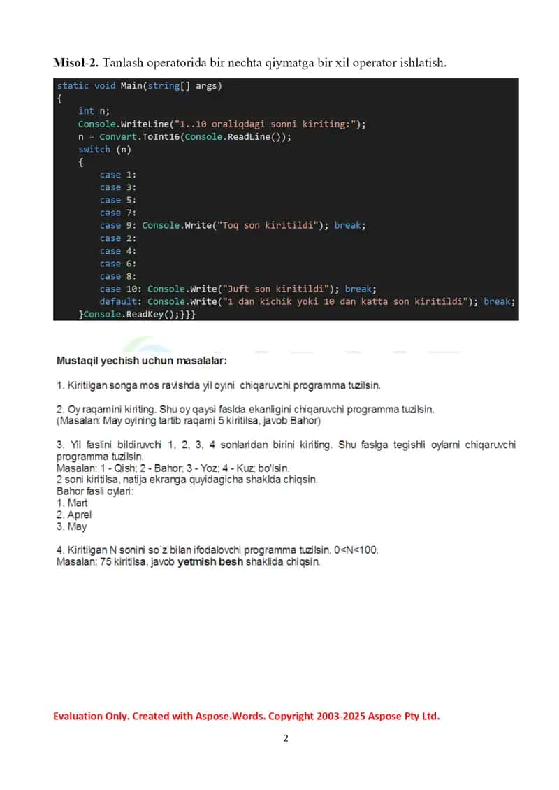 Shart va switch operatorlariga doir misollar yechish 2