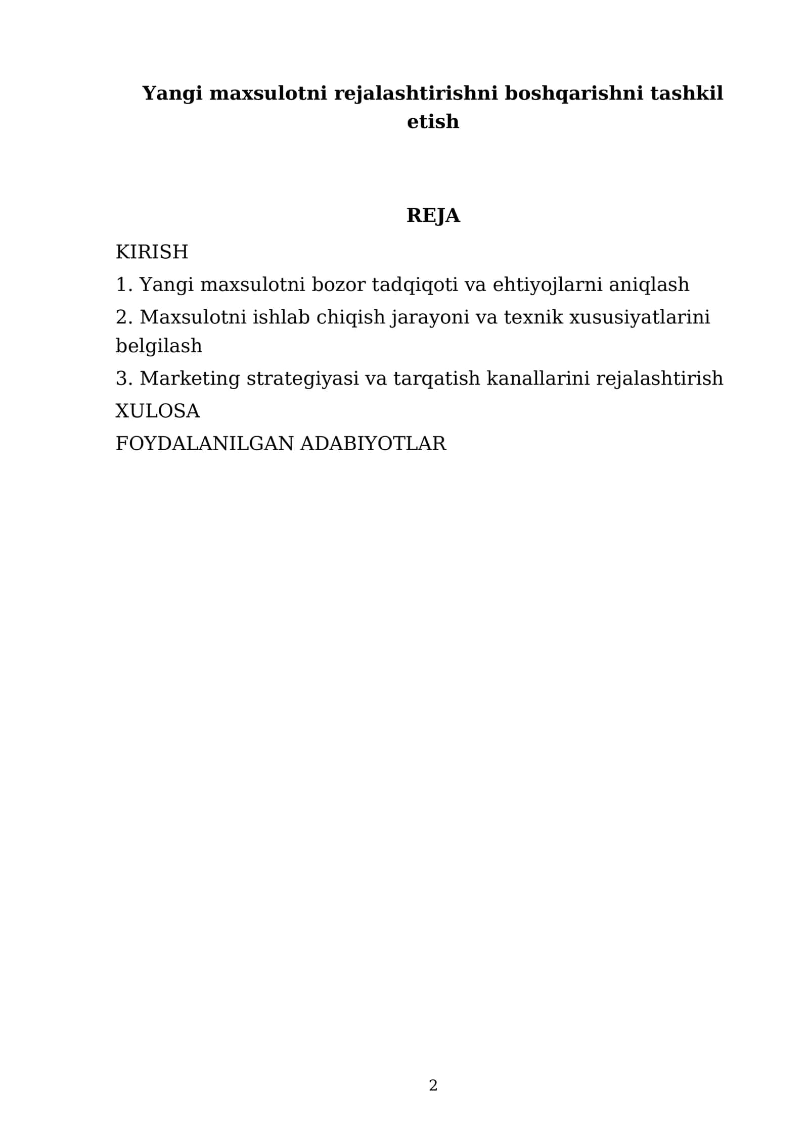 Yangi maxsulotni rejalashtirishni boshqarishni tashkil etish 2