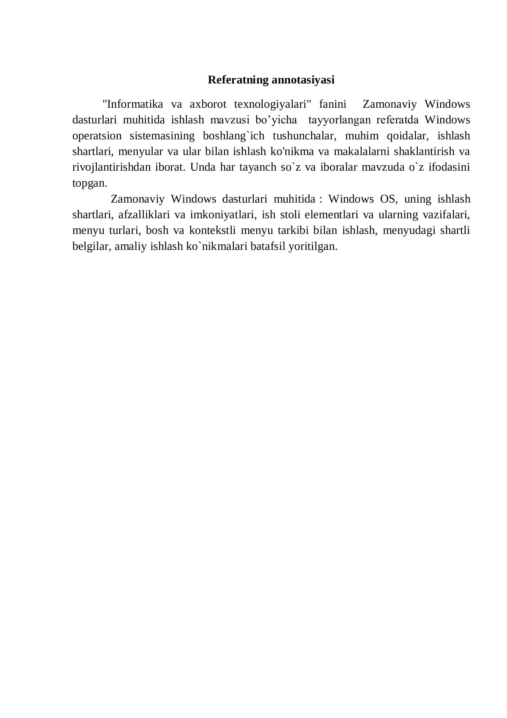 Informatika va axborot texnologiyalari fanidan Referat 2