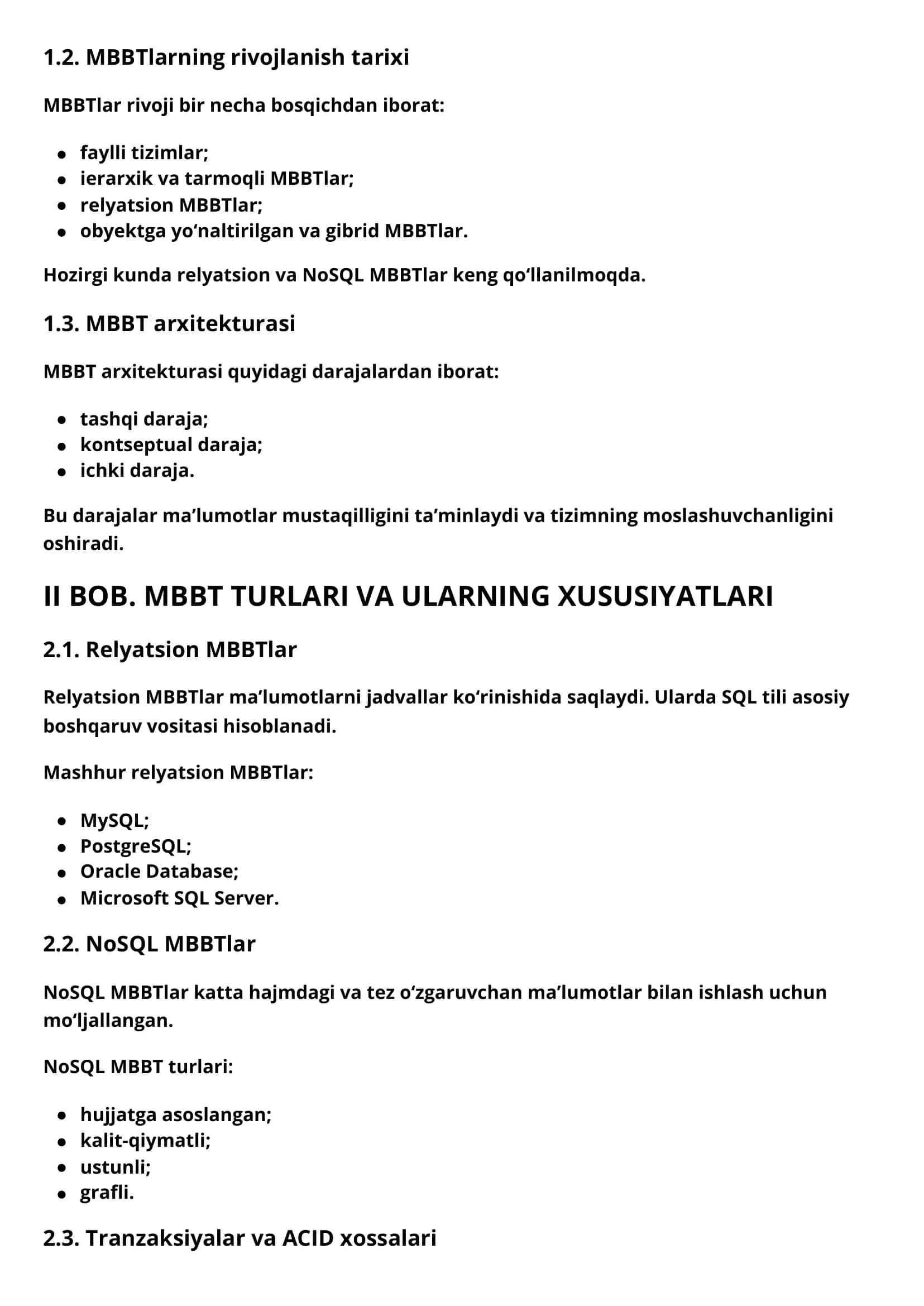 MA’LUMOTLAR BAZASINI BOSHQARISH TIZIMLARI (MBBT) 2