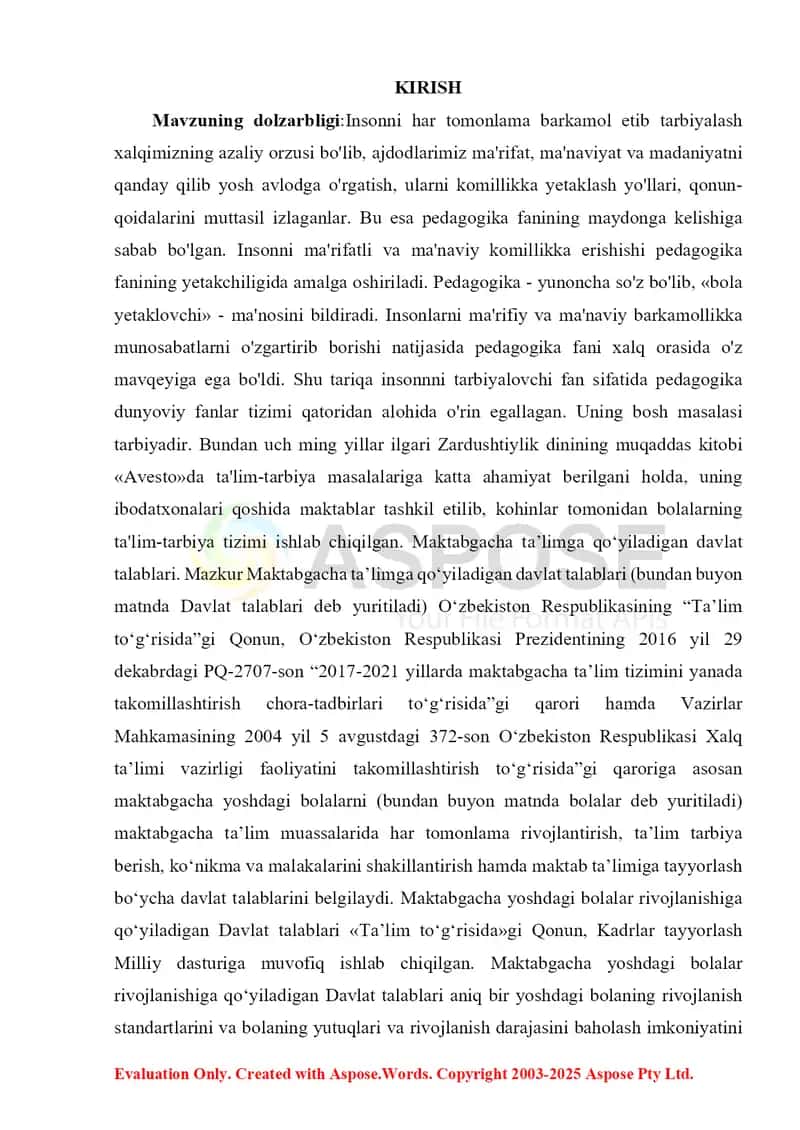 O‘zbekiston Respublikasi ilk va maktabgacha yoshdagi bolalarda rivojlanishiga qo‘yiladigan Davlat talablariga bag‘ishlangan kurs ishi 2