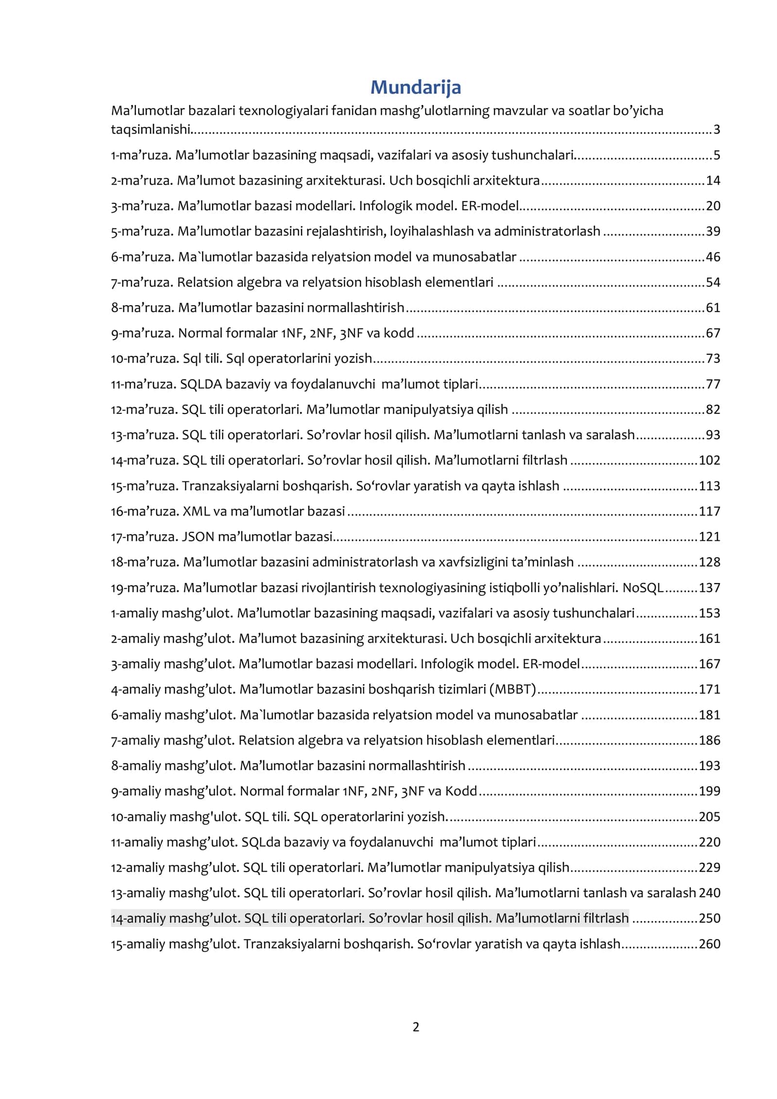Ma’lumotlar bazalari texnologiyalari 2