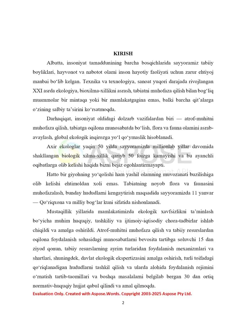 O‘zbekiston Respublikasi Milliy xavfsizligini ta'minlashning ekologiya soxasidagi asosiy yo‘nalishlari 2