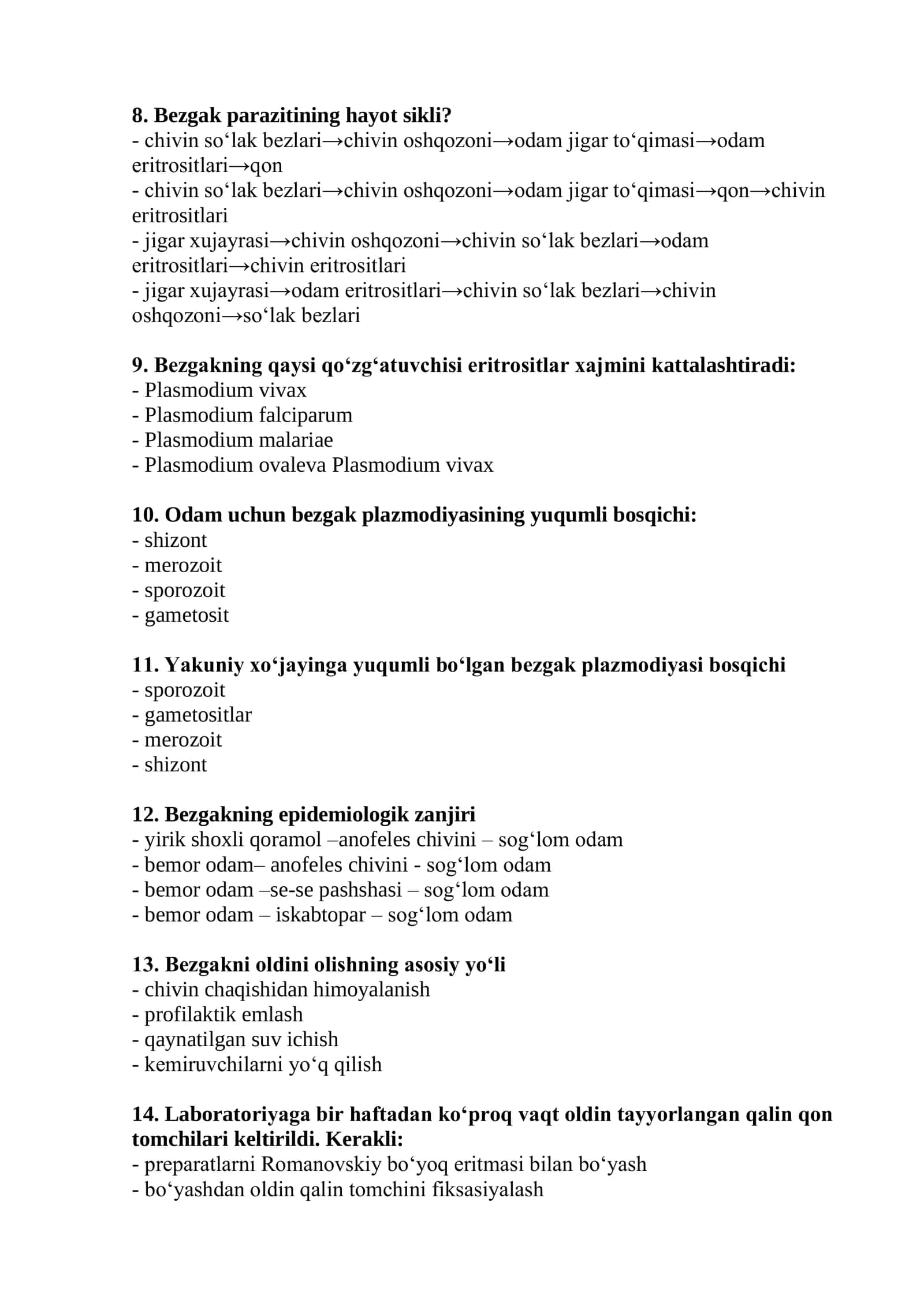 Parazitologiya mutaxassisligi bo'yicha shakllantirilgan test savollari 2026 2