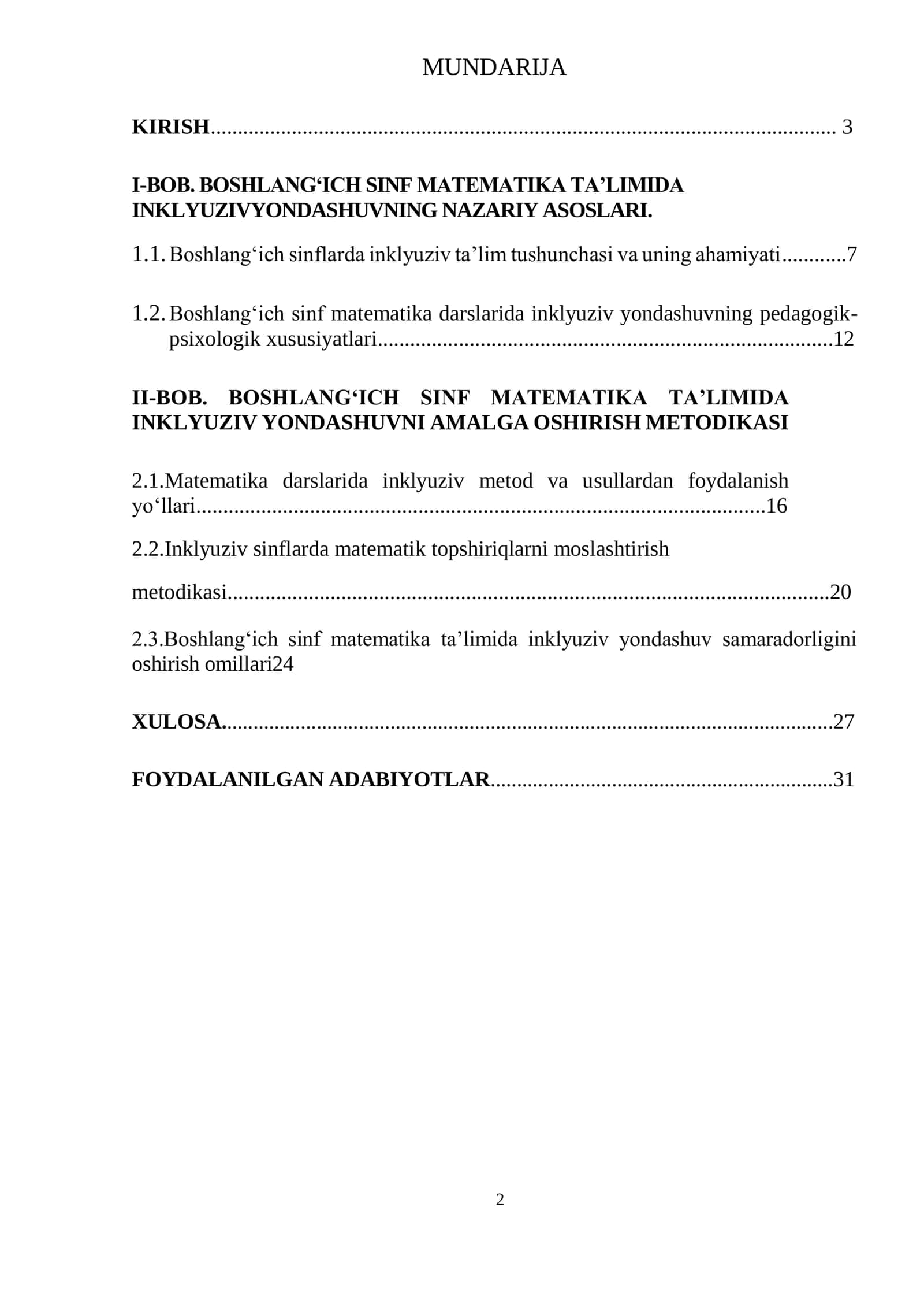 BOSHLANG`ICH SINF MATMATIKA 
TA`LIMIDA INKLYUZIV YONDASHUVNING 
METODIK JIHATLARI 2