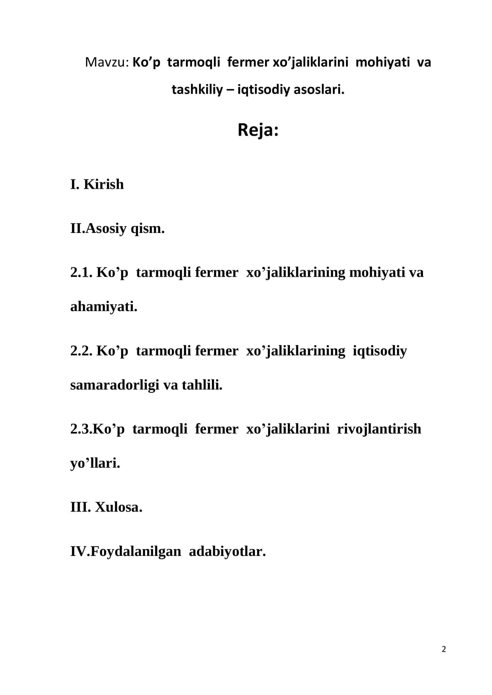 Ko’p tarmoqli fermer xo’jaliklarini mohiyati va tashkiliy – iqtisodiy asoslari 2