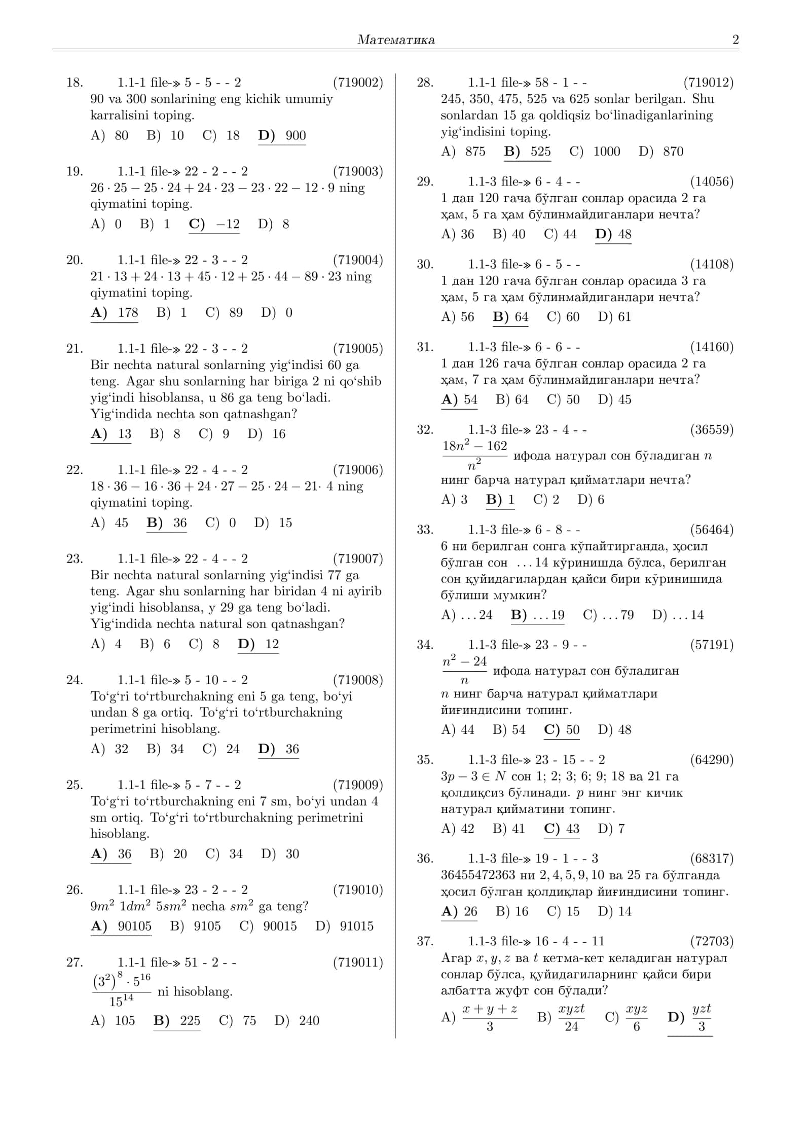 MATEMATIKA TESTLAR toʻplami 2