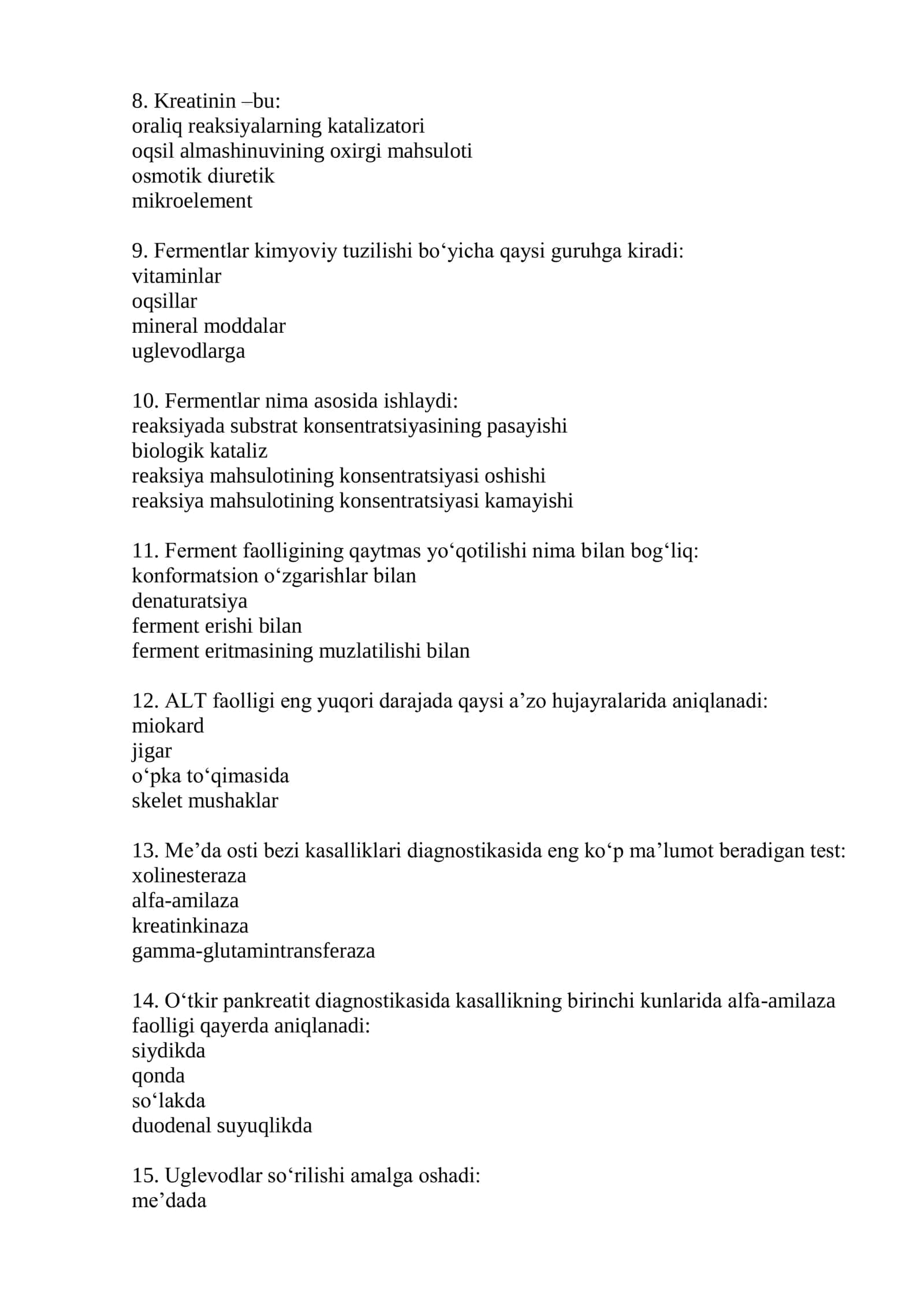 Klinik laboratoriya diagnostikasi mutaxasisiligi bo’yicha shakllantirilgan test savollari ro’yxati 2