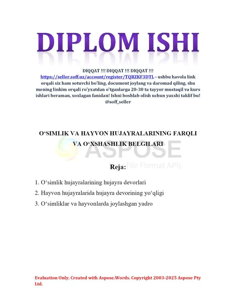 Oʻsimlik va hayvon hujayralarining farqli va oʻxshashlik belgilari 2