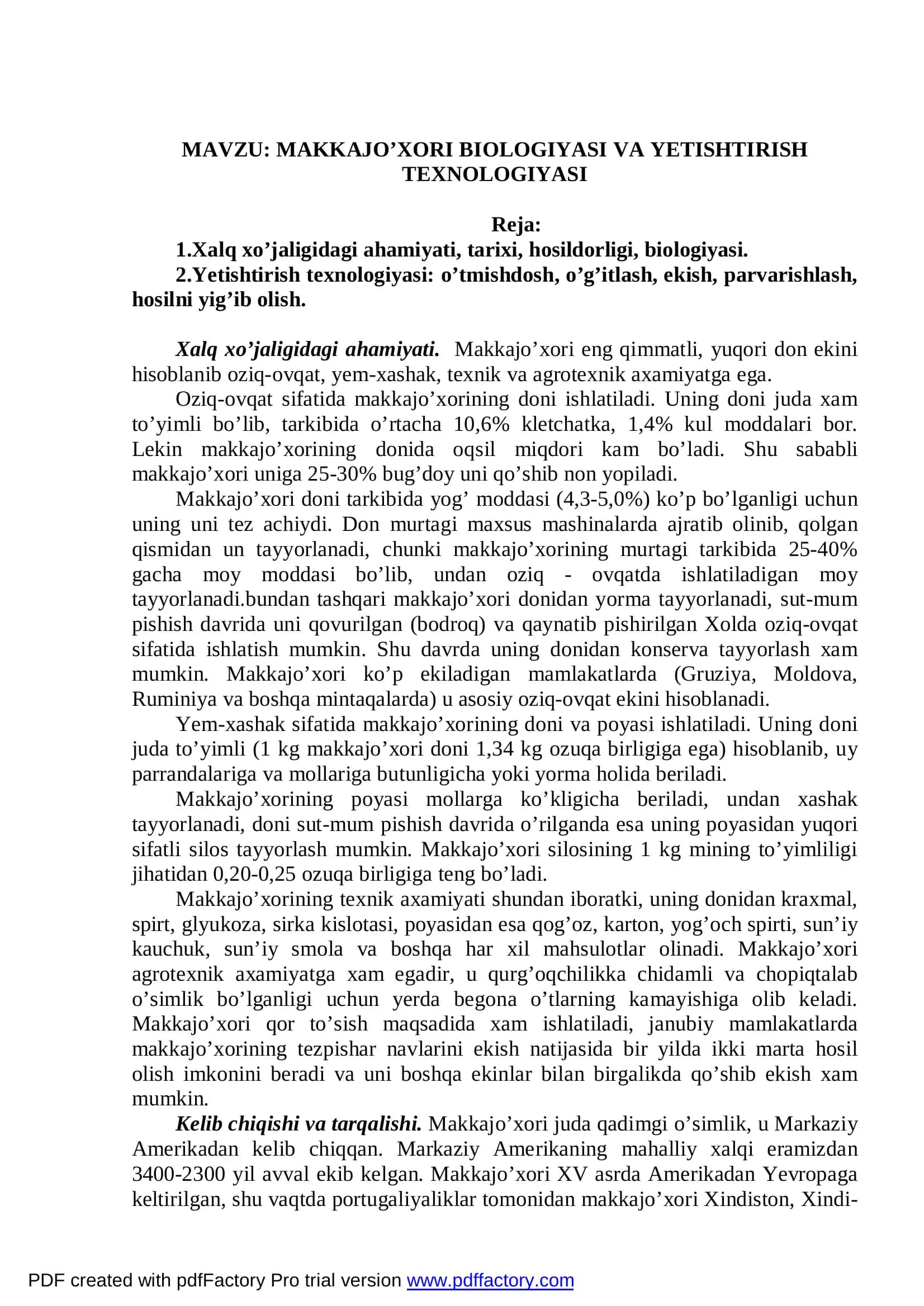 MAKKAJO’XORI BIOLOGIYASI VA YETISHTIRISH TEXNOLOGIYASI 2
