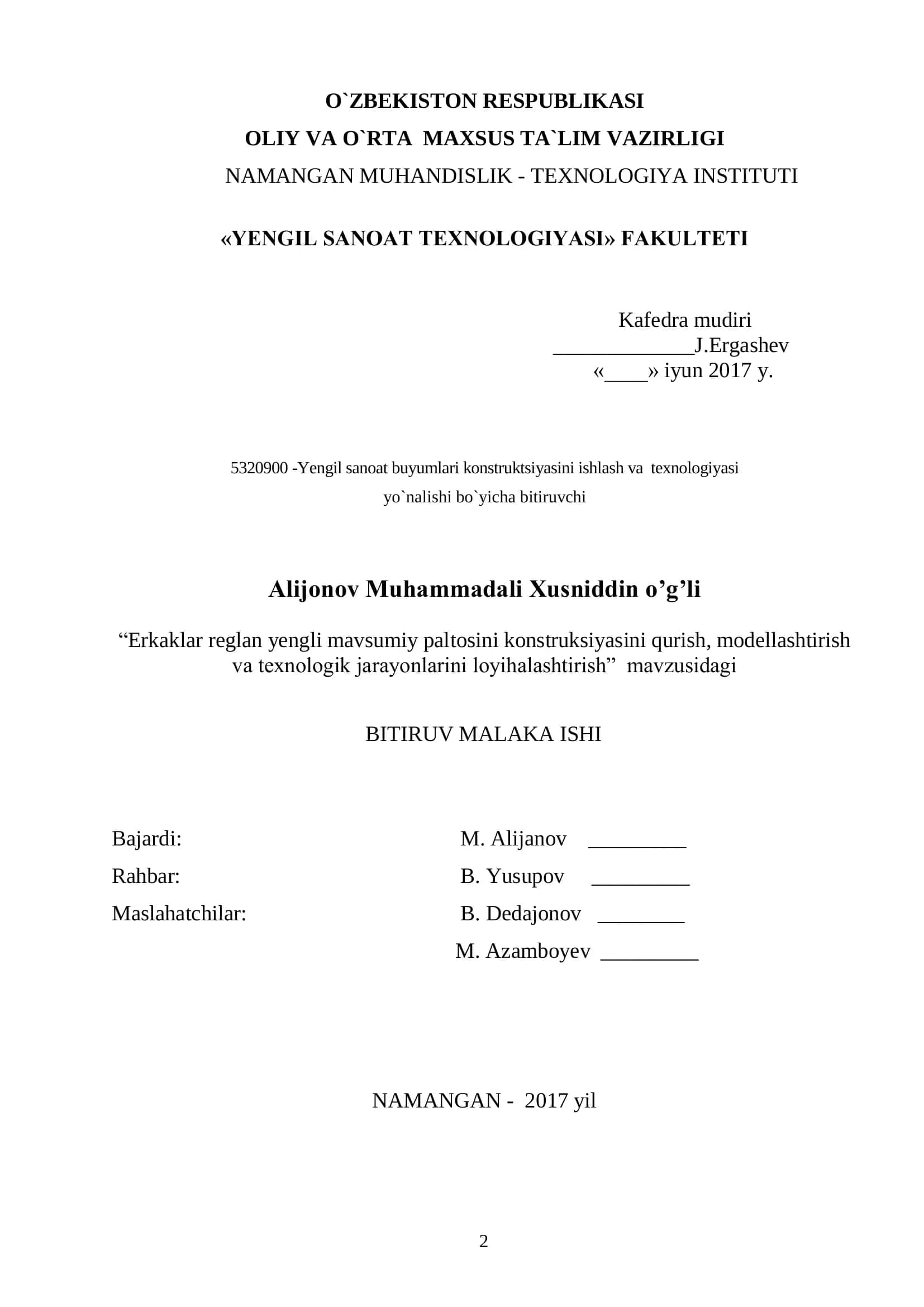 Yengil sanoat buyumlari konstruktsiyasini ishlash va texnologiyasi yo`nalishi bo`yicha bitiruvchi 2
