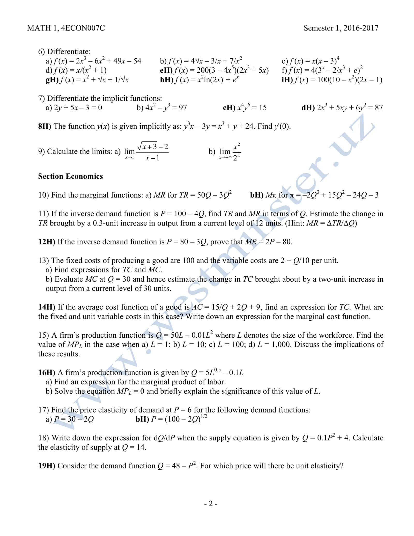 MATH 1, 4ECON007C 2