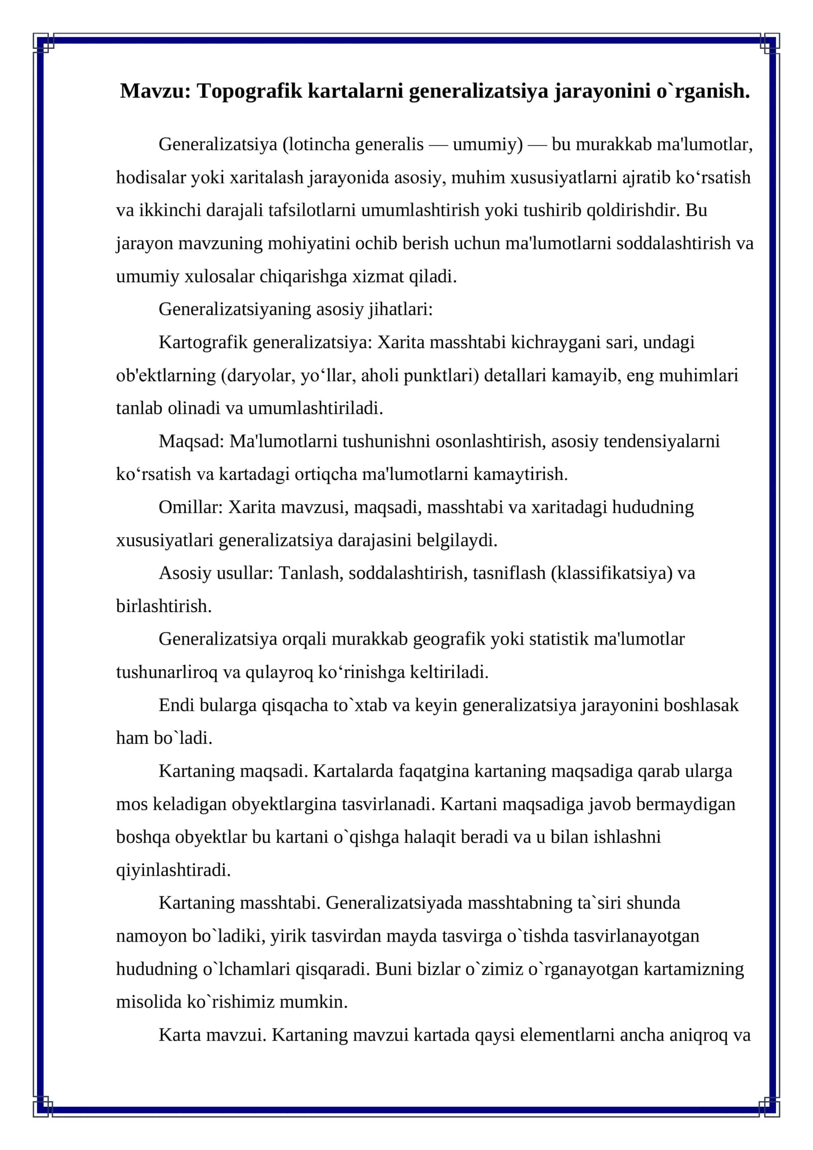 Topografik kartalarda generalizatsiya jarayonini o’rganish 2