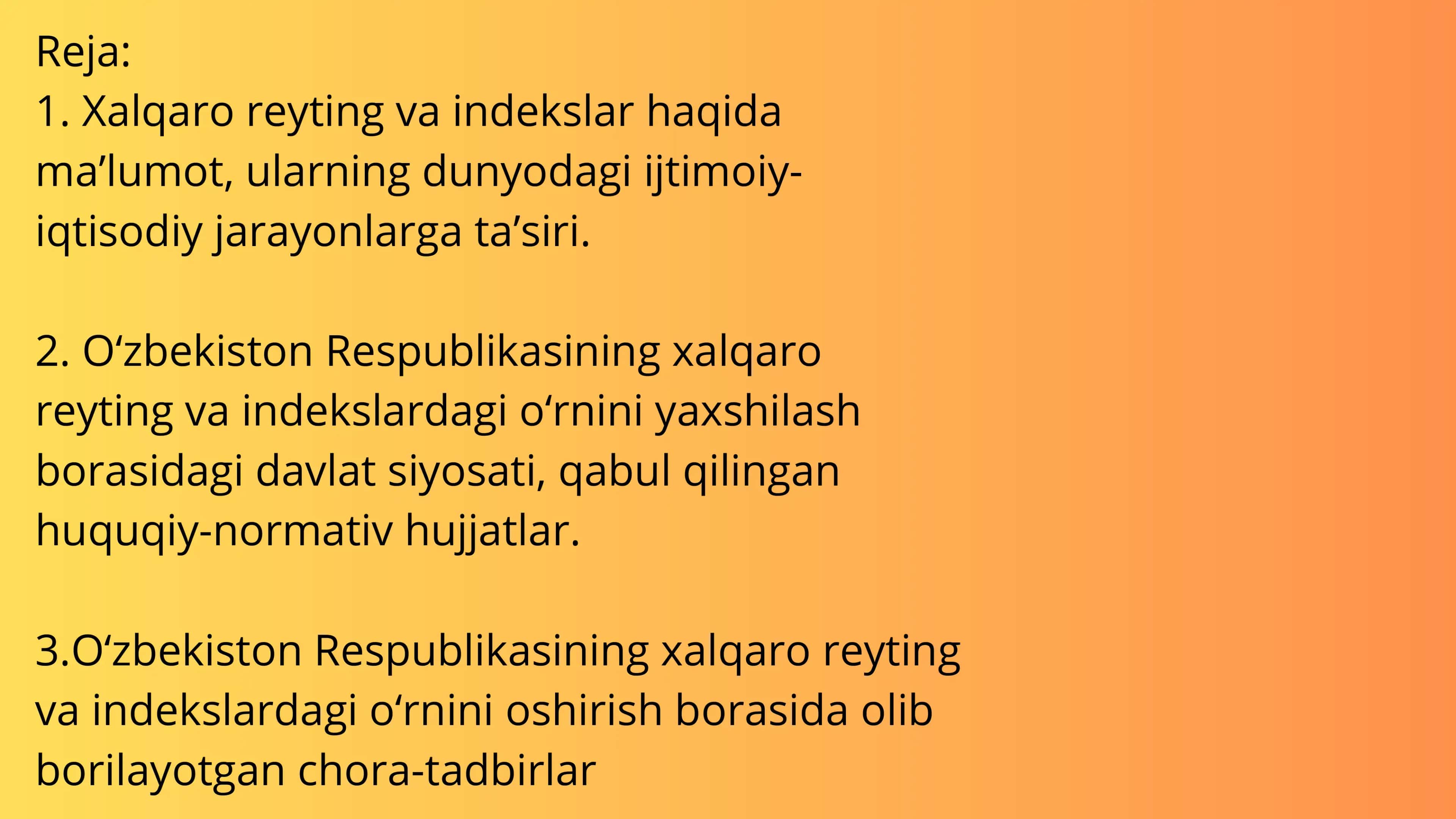 O‘ZBEKISTON RESPUBLIKASI XALQARO REYTING VA INDEKSLARDAGI O‘RNI 2