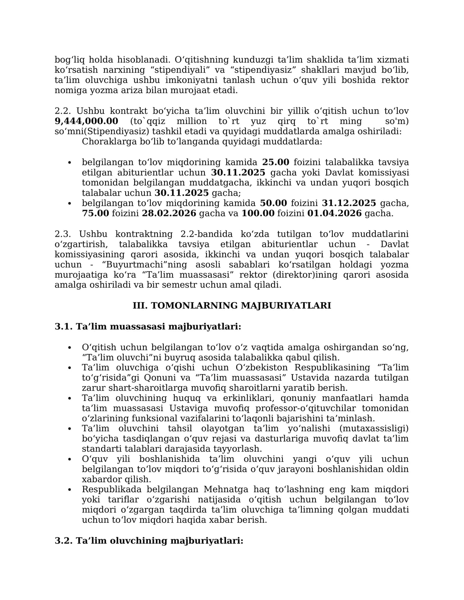 To‘lov-kontrakt (Ikki tomonlama) asosida mutaxassis tayyorlashga 2