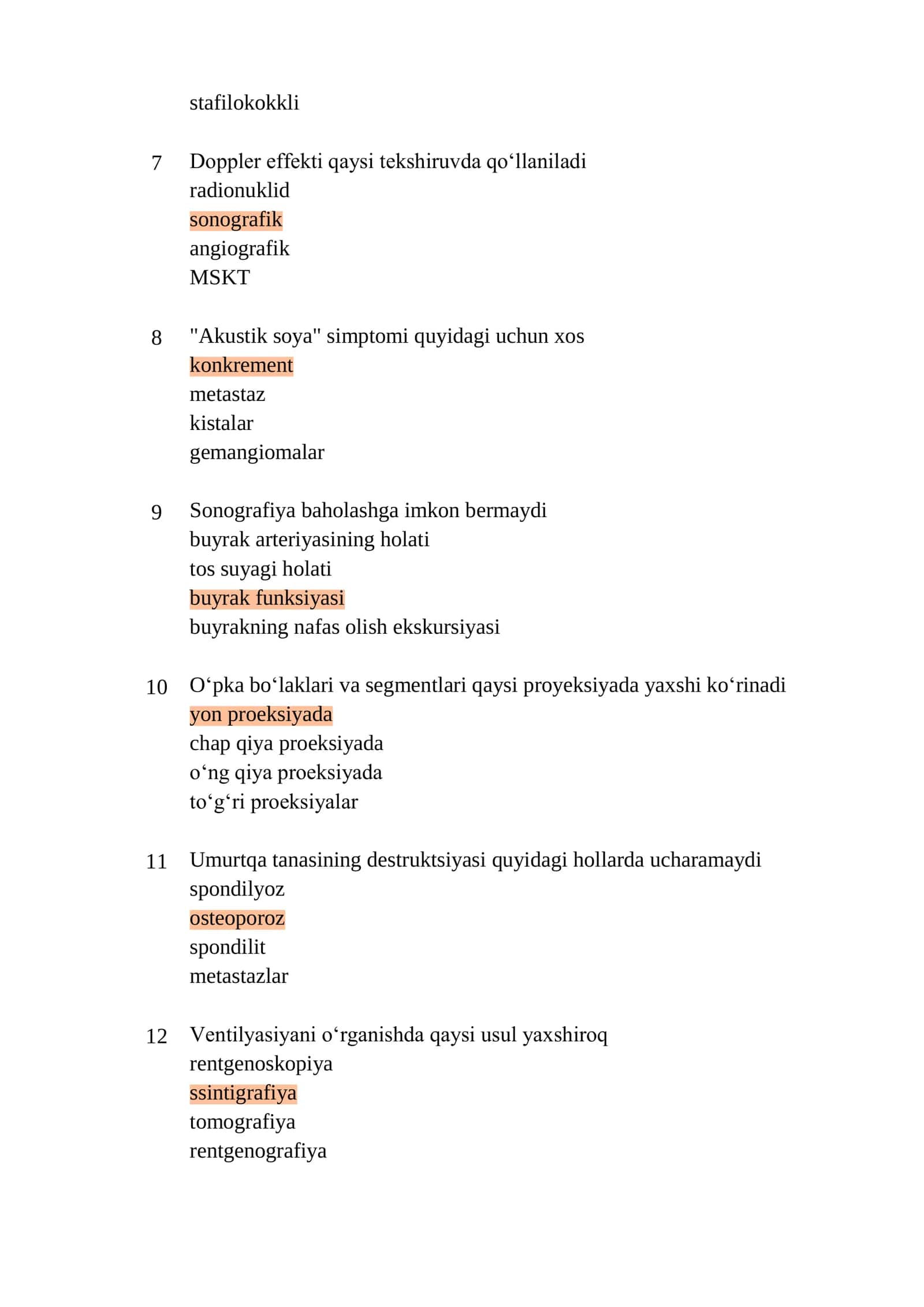 Tibbiy radiologiya mutaxassisligi boʻyicha test savollari 2