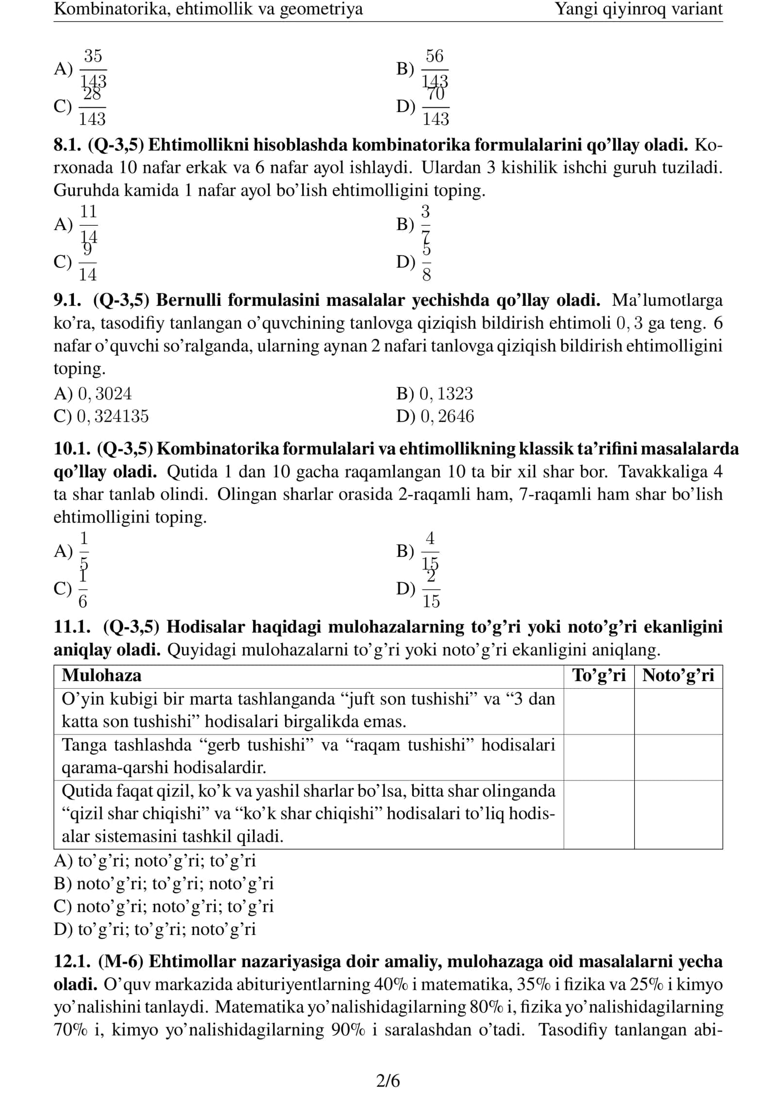 Kombinatorika, ehtimollik va geometriya 2