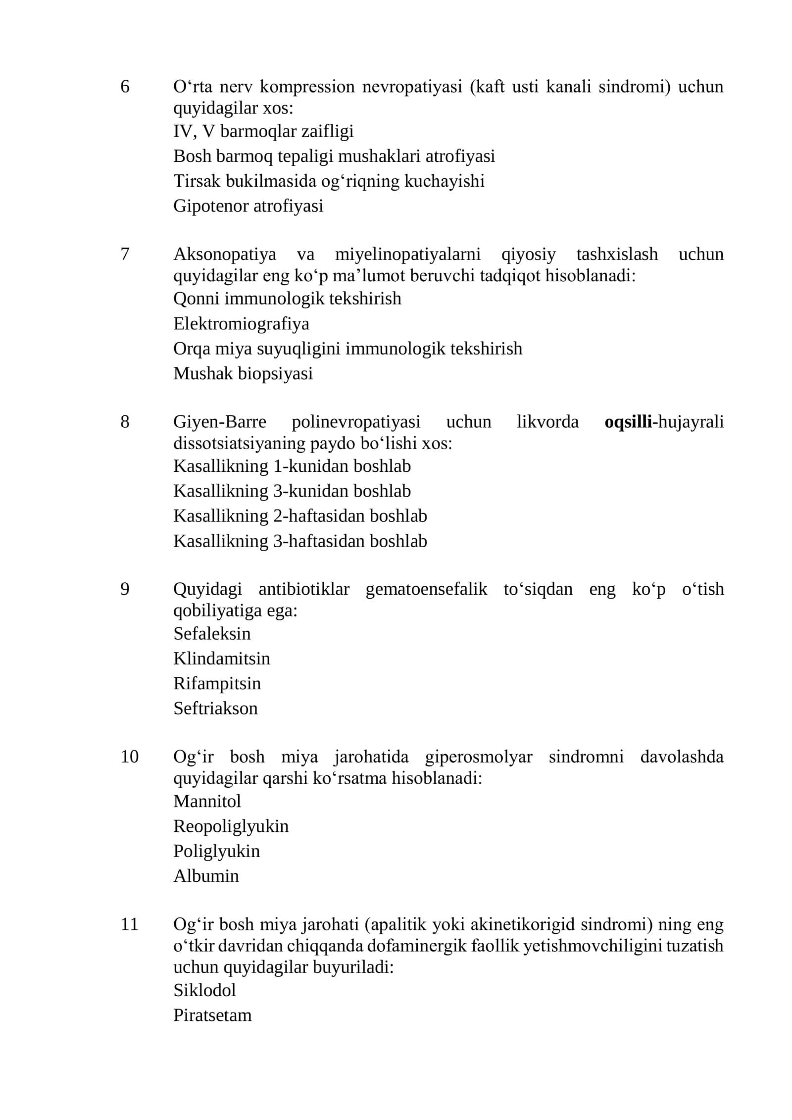 Bolalar nevrologiyasi mutaxassisligi boʻyicha shakllantirilgan test savollari roʻyxati 2026 2