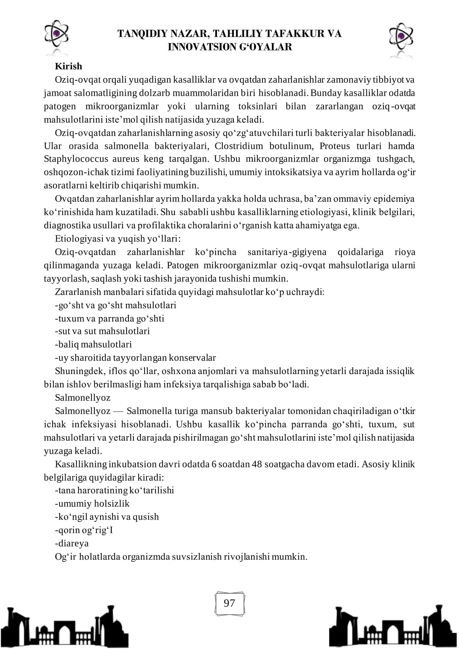 OZIQ-OVQATDAN ZAHARLANISH YUQUMLI KASALLIKLAR VA OVQARDAN ZAHARLANISHLAR. SALMONELLYOZ, BOTULIZM, PROTEY, STAFILOKOKK 2