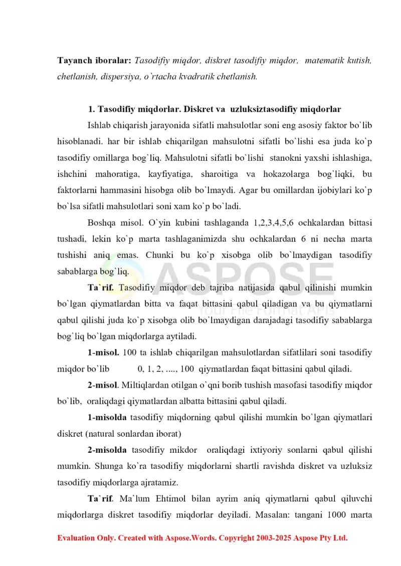 Tasodifiy miqdorlar va ularning o`rtacha kvadratik echimlari 2