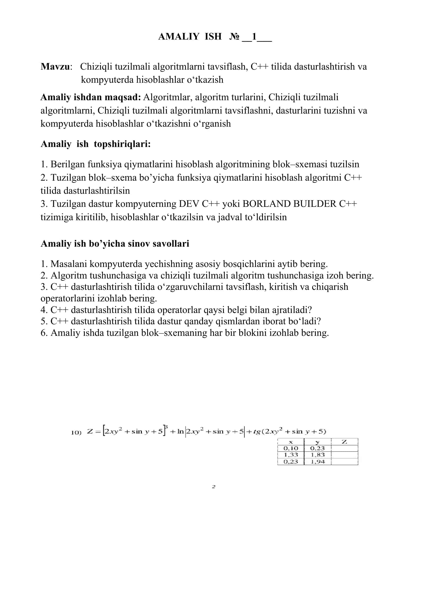 Chiziqli tuzilmali algoritmlarni tavsiflash, C++ tilida dasturlashtirish va kompyuterda hisoblashlar o‘tkazish 2