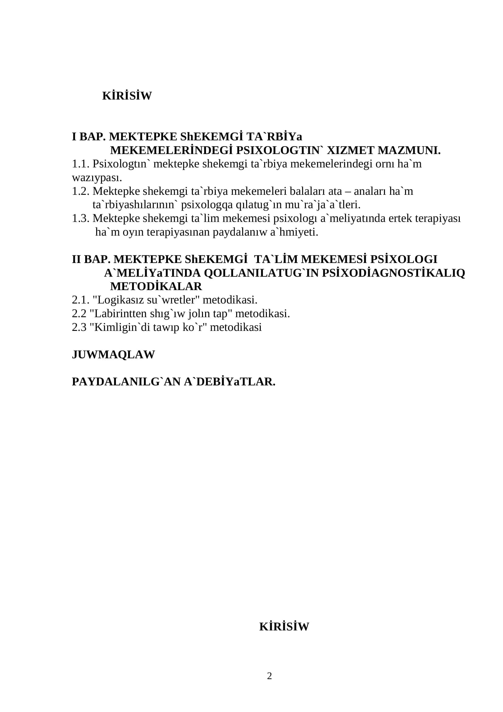 "Pedagogika ha`m psixologiya" ta`lim bagdari 3 e - kurs talabasi 2