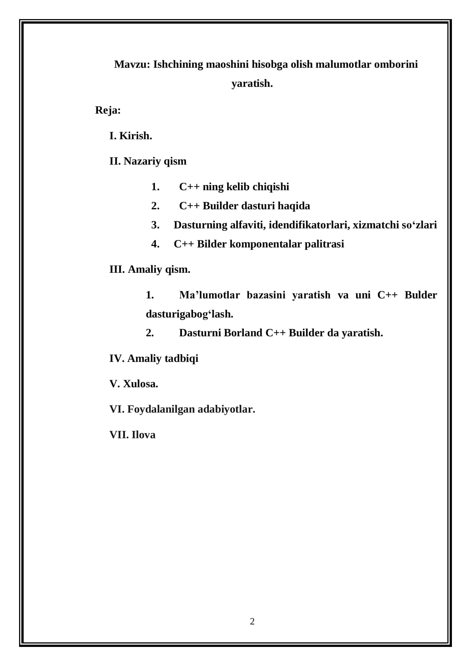 Ma‟lumotlar bazasini yaratish va uni C++ Bulder dasturigabog„lash 2