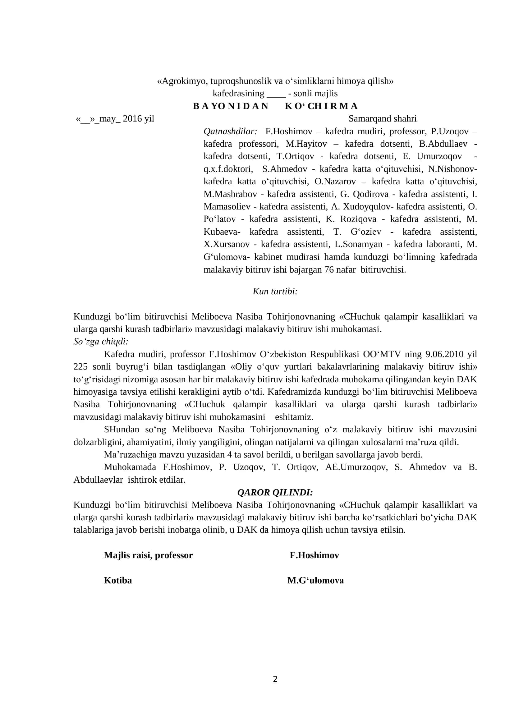 O’simliklar himoyasi va karantini ta’lim yo’nalishi bakalavriat bitiruvchisi 2