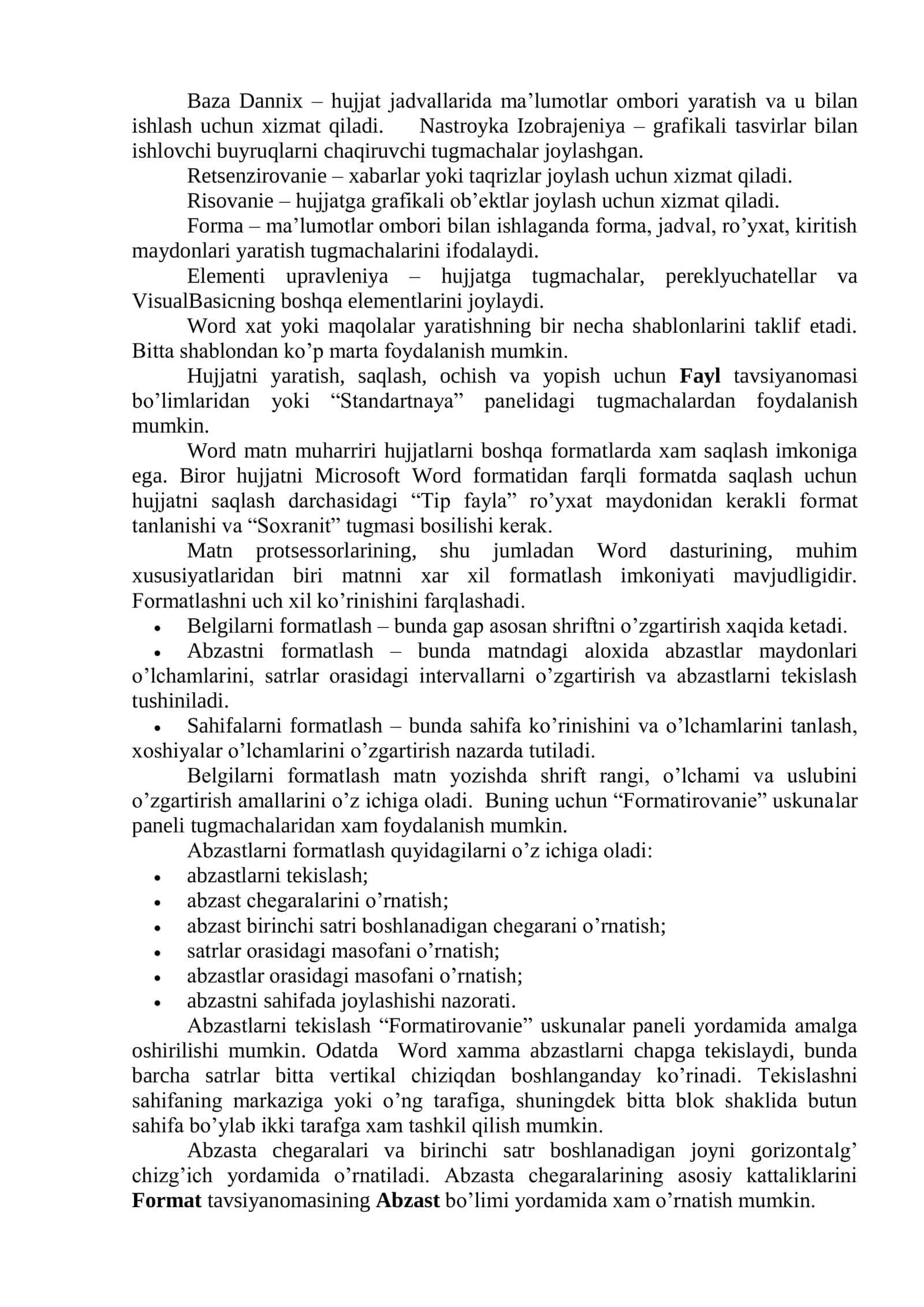Word dasturi yordamida hujjatlar yaratish va tahrirlash. Menyular, lenta elementlari 2