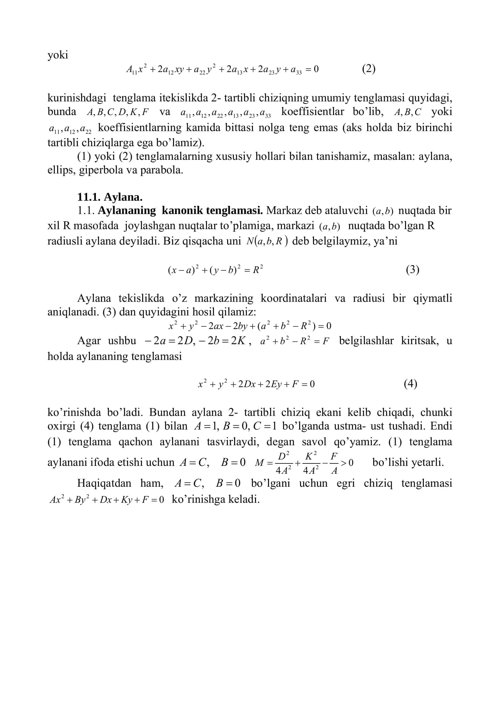 Oliy matematika: Ikkinchi tartibli chiziqlar: aylana, ellips, giperbola, parabola (PDF ma’ruza) 2