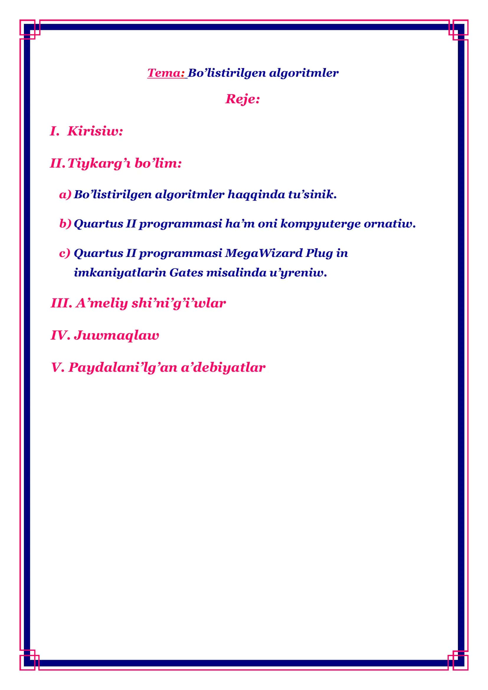 Bo’listirilgen algoritmler kurs jumısı 2