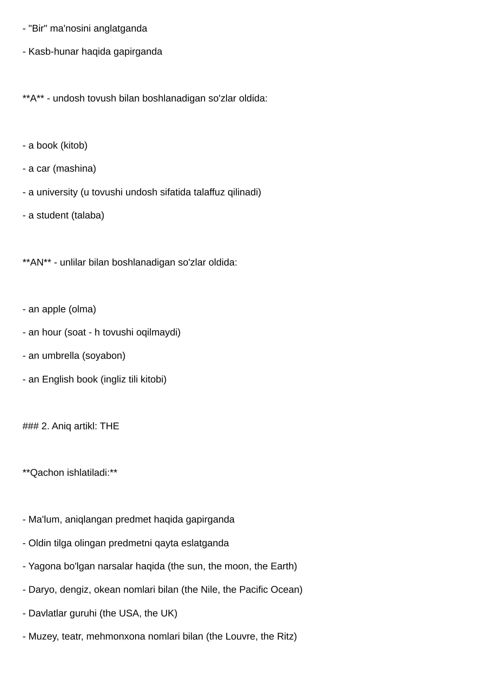 Noaniq artikllar: A / AN 2