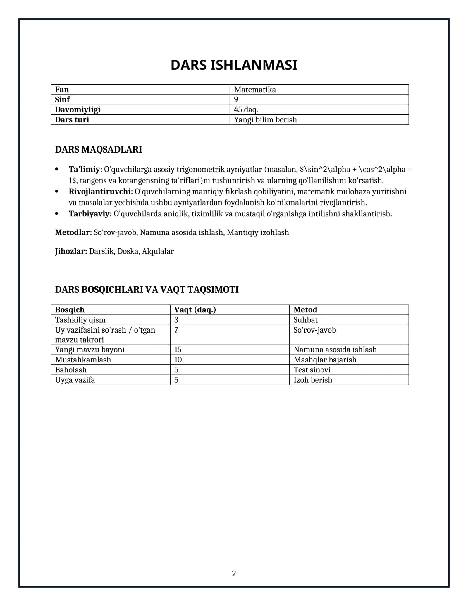 Lesson on Trigonometrik ayniyatlar 2