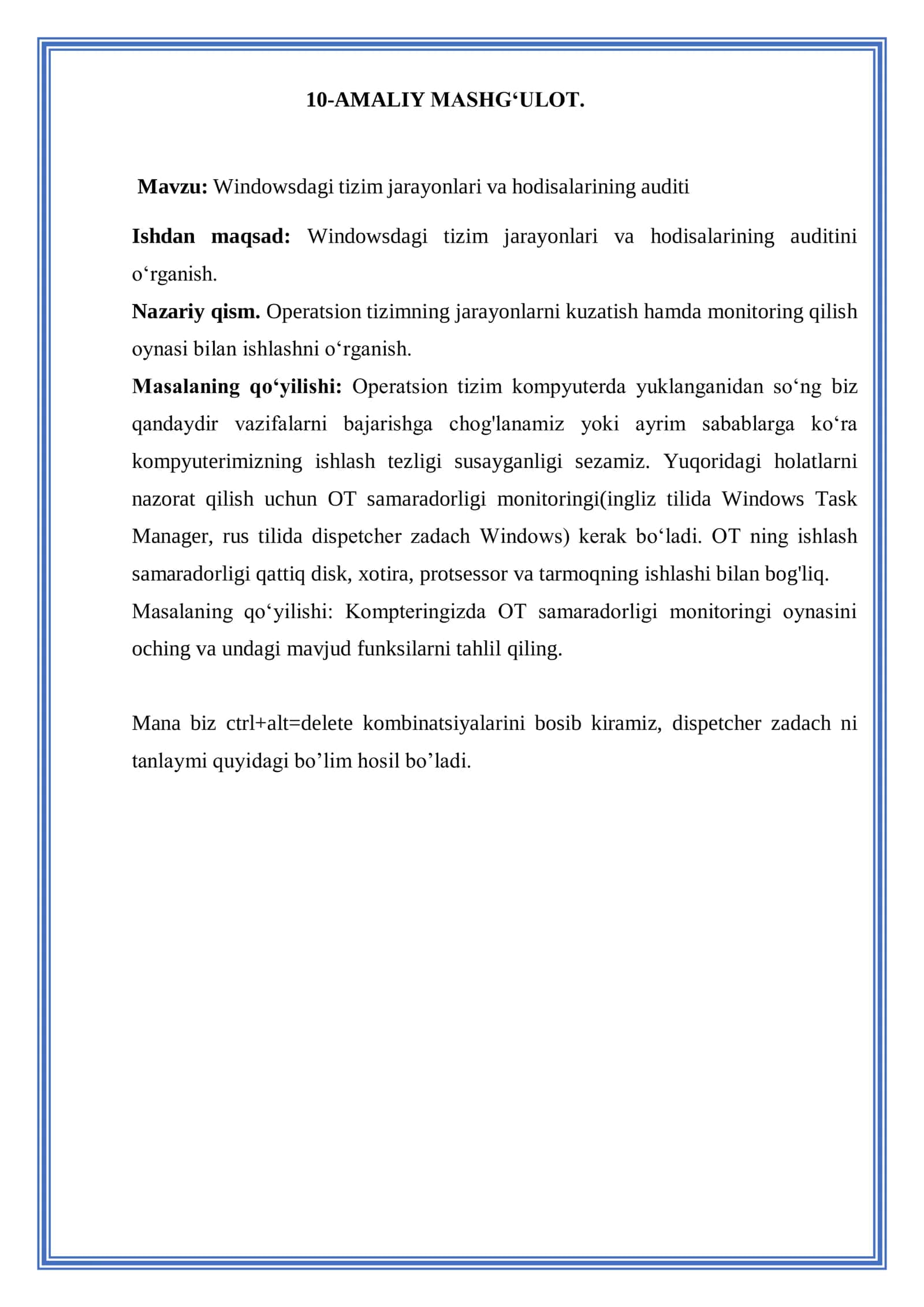 10-AMALIY ISHI: Windowsdagi tizim jarayonlari va hodisalarining auditi 2