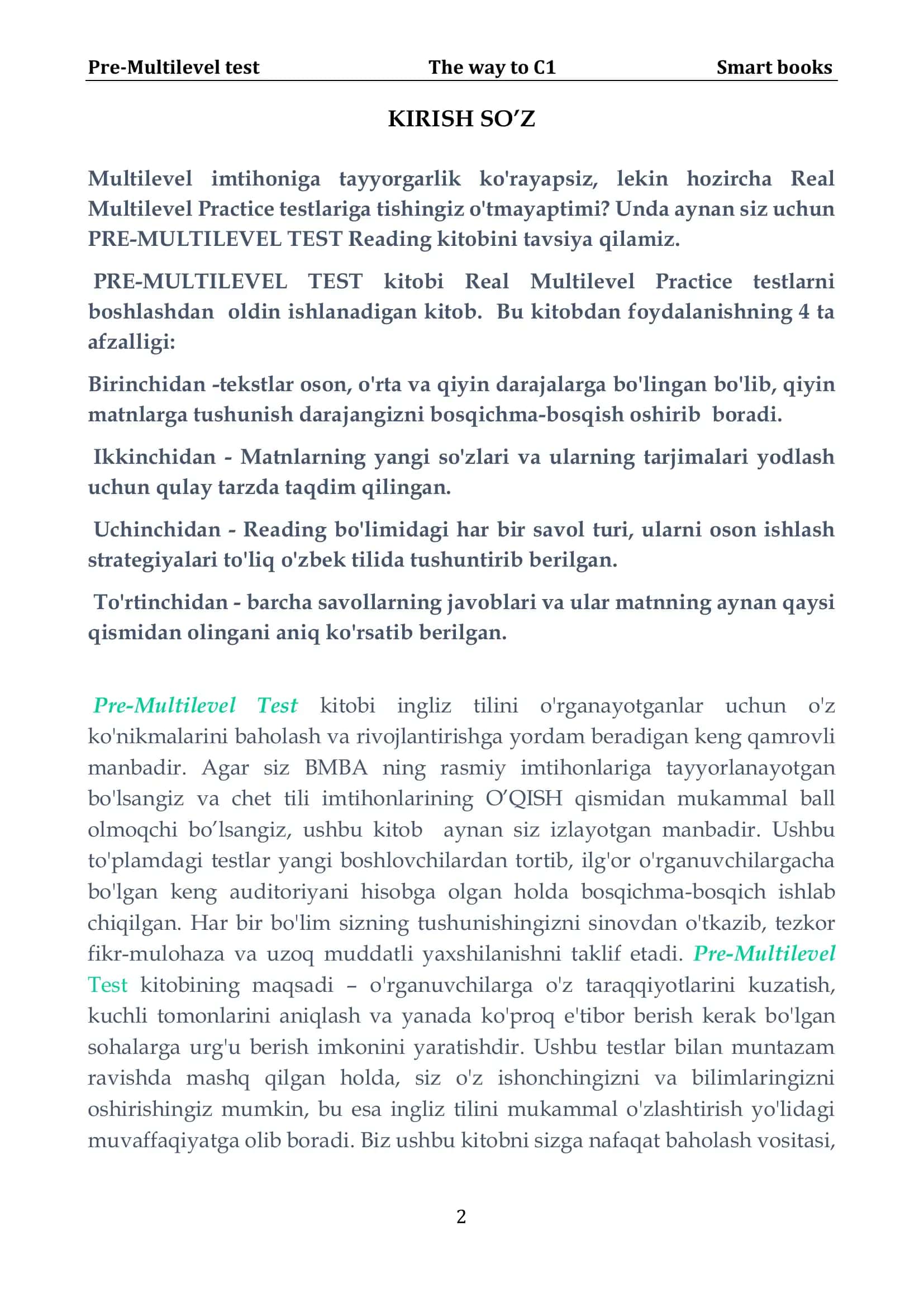 PRE-MULTILEVEL TEST Reading kitobi 2