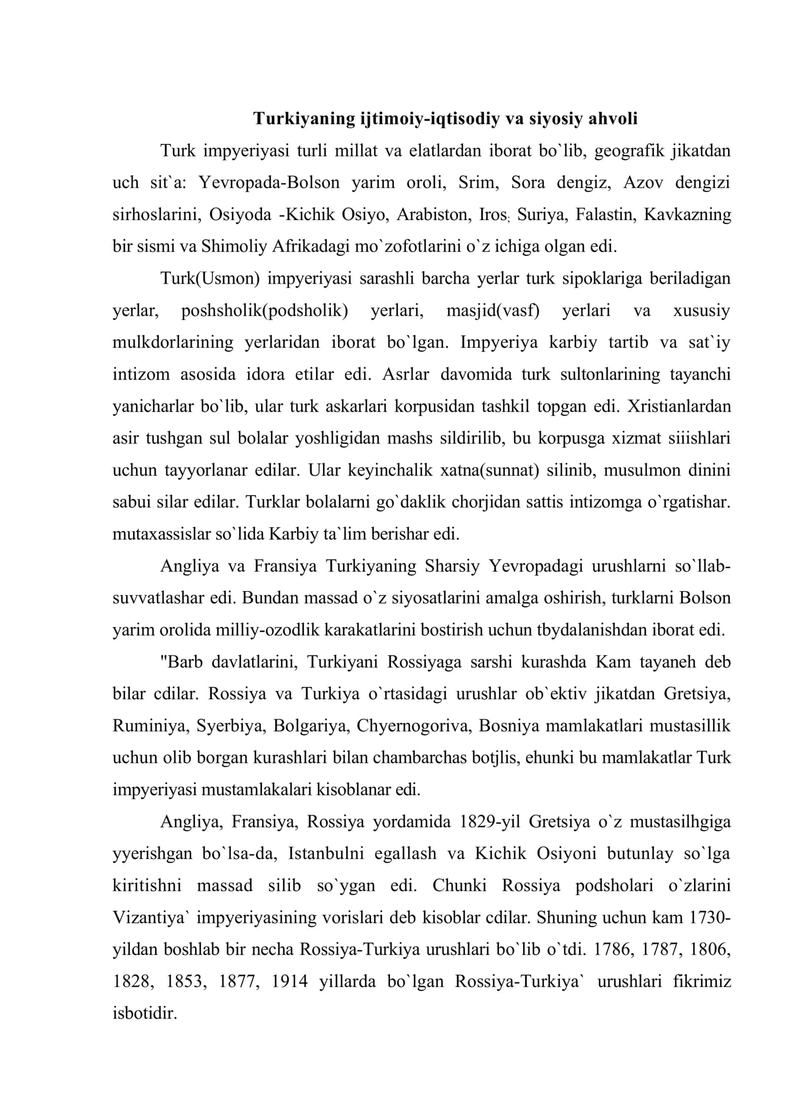 XVIII asr va XX asr boshlarida Turkiya 2