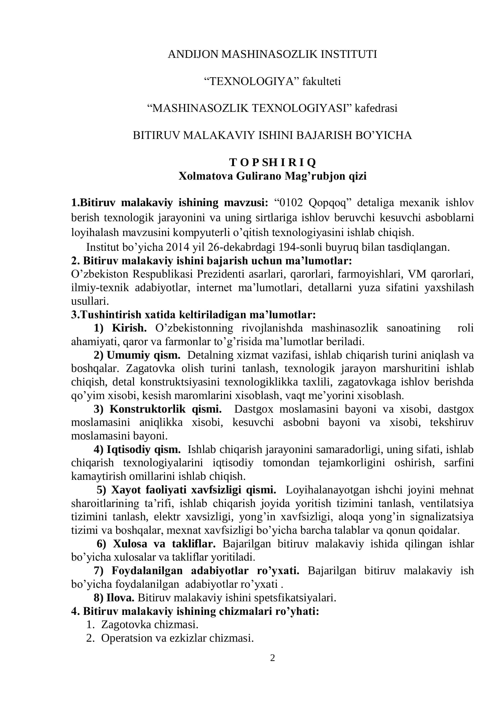 BITIRUV MALAKAVIY ISHI BO’YICHA T U SH I N T I R I SH X A T I 2