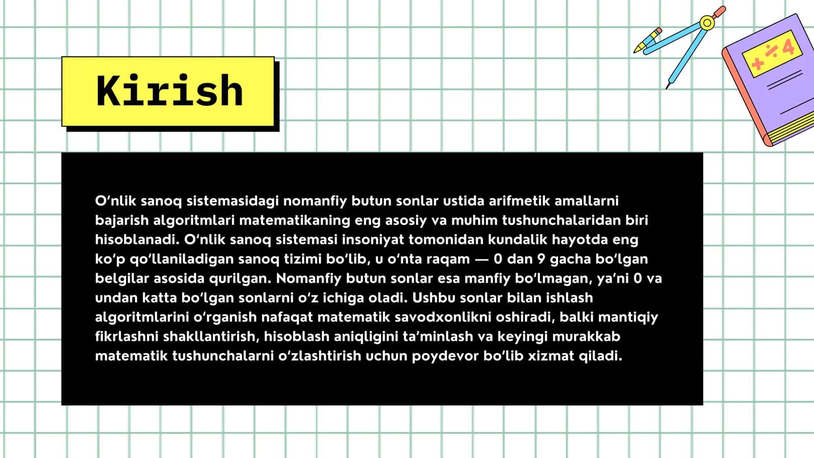 OʻNLIK SANOQ SISTEMASIDAGI NOMANFIY BUTUN SONLARNI ARIFMETIK AMALLARNING ALGORITMI 2