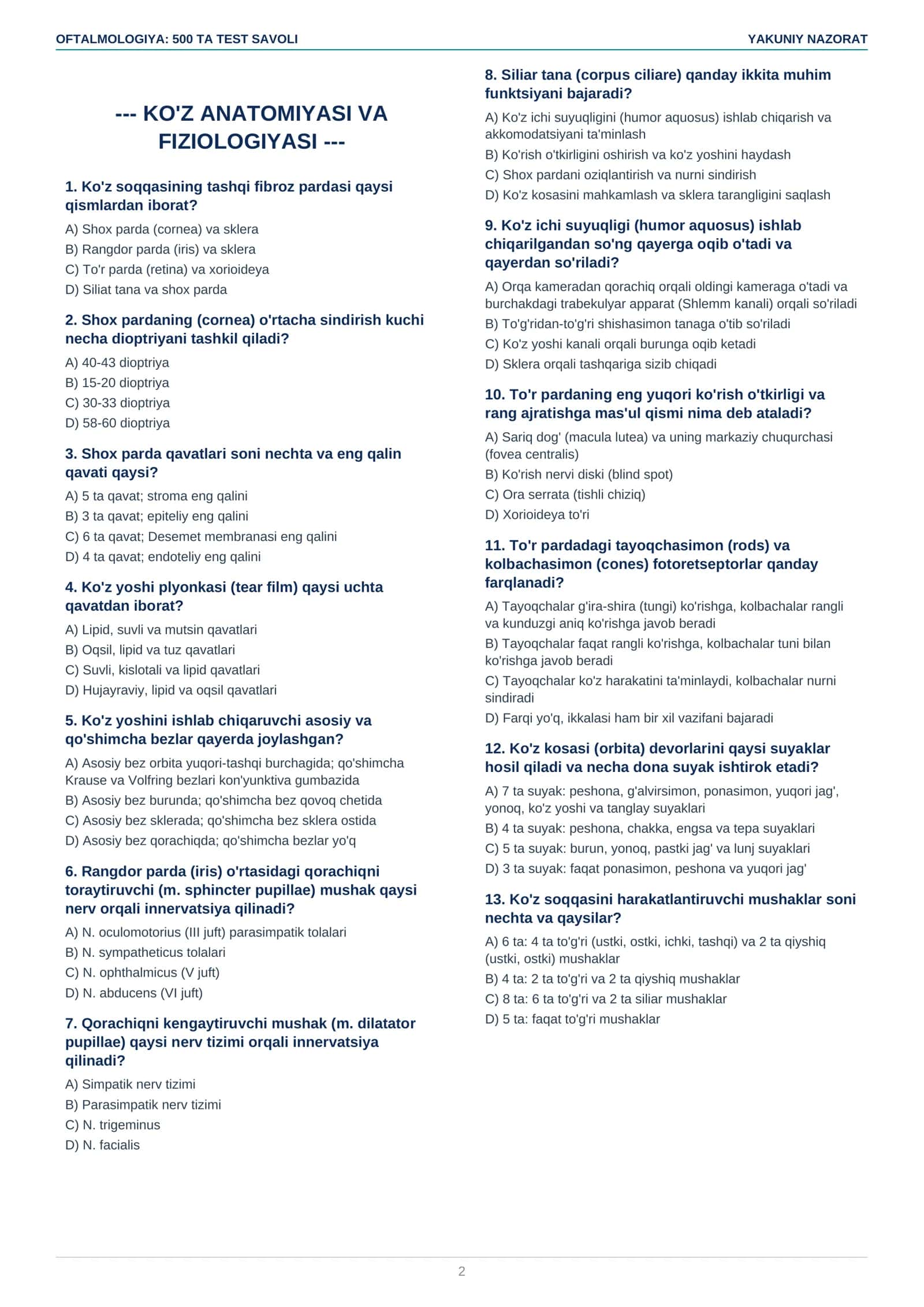 Oftalmologiya — yakuniy nazorat uchun 500 ta test savoli + javoblari 2
