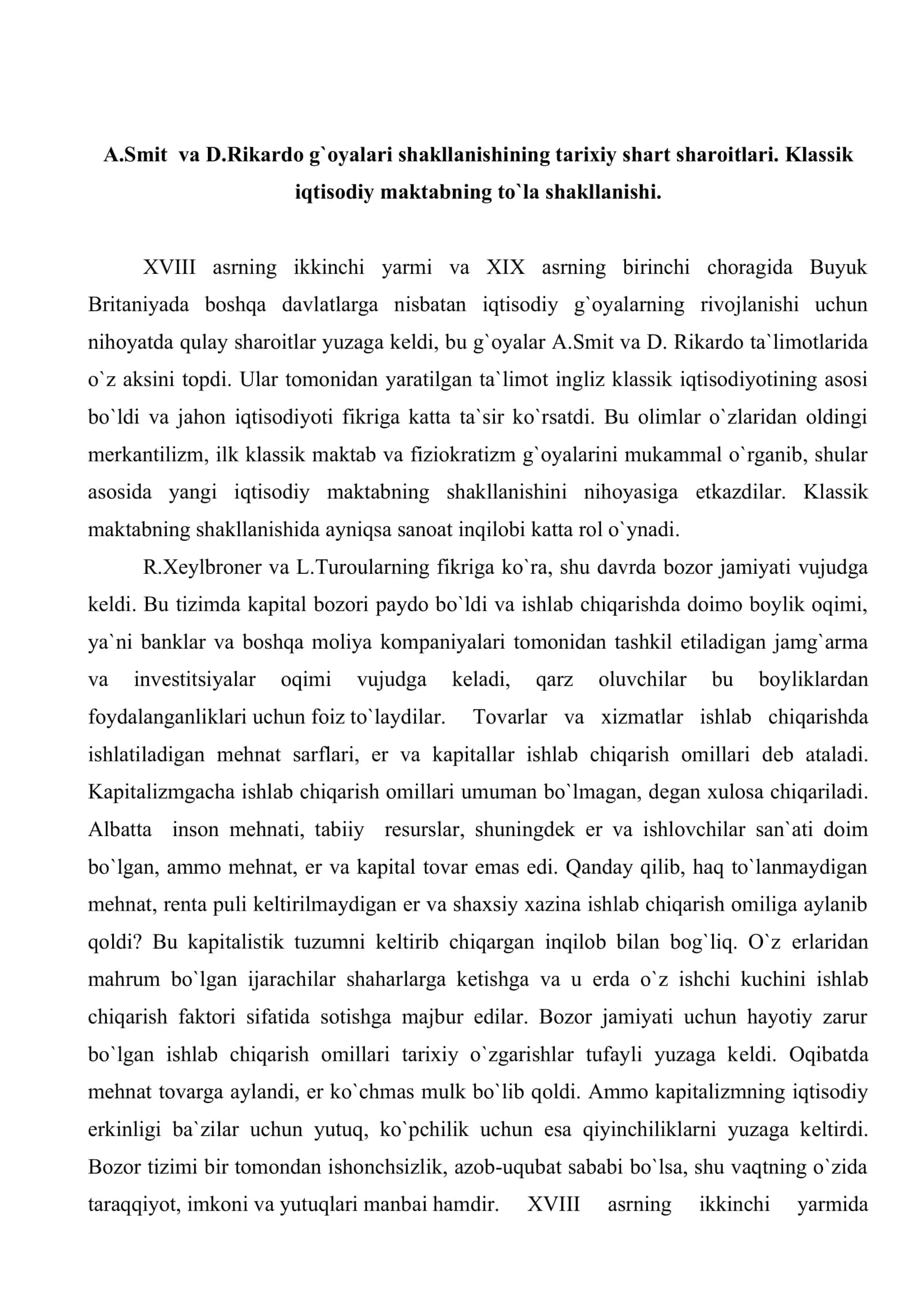 Adam Smit va David Rikardoning iqtisodiy ta`limotlari 2