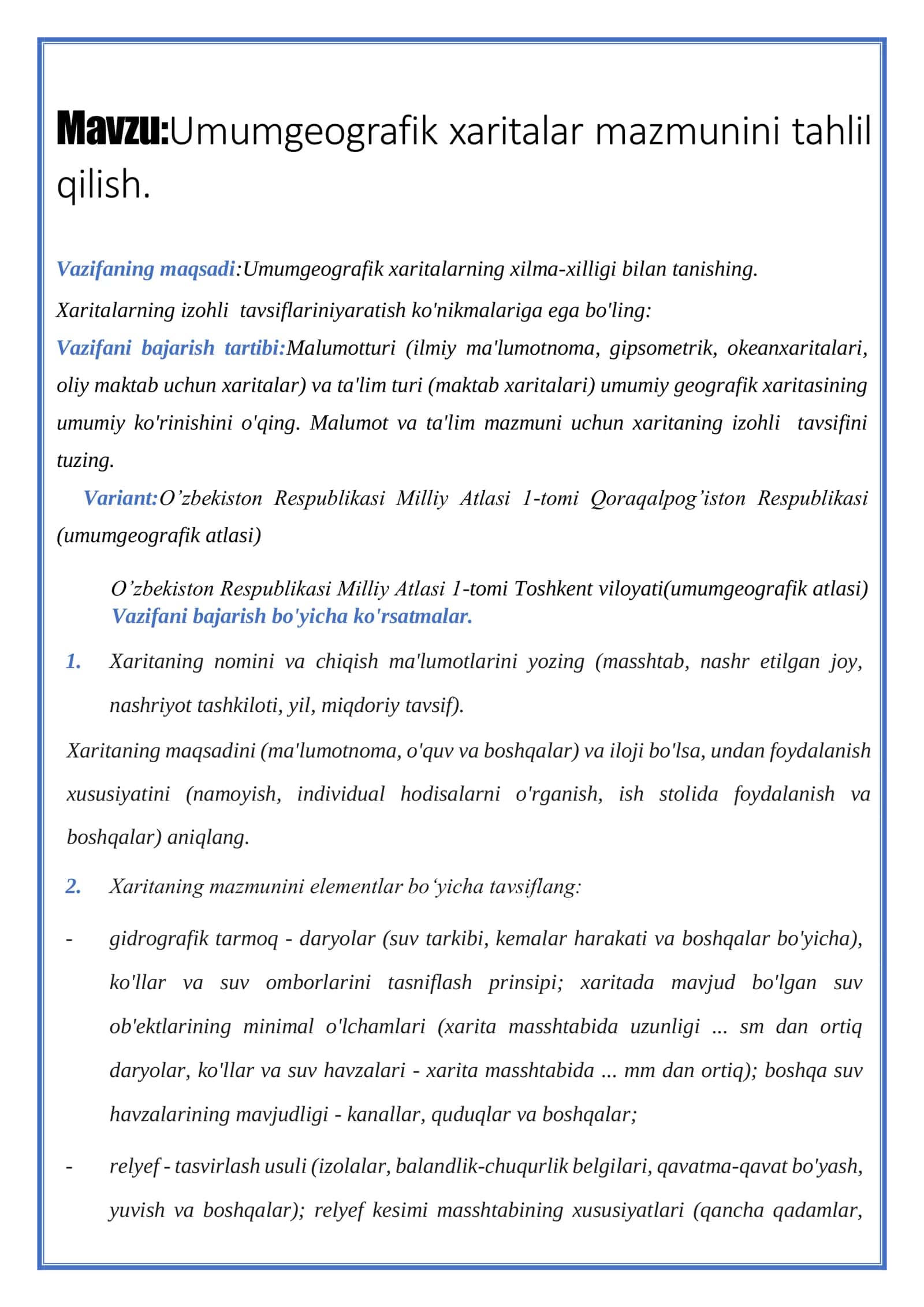 Umumgeografik xaritalar mazmunini tahlil qilish 2